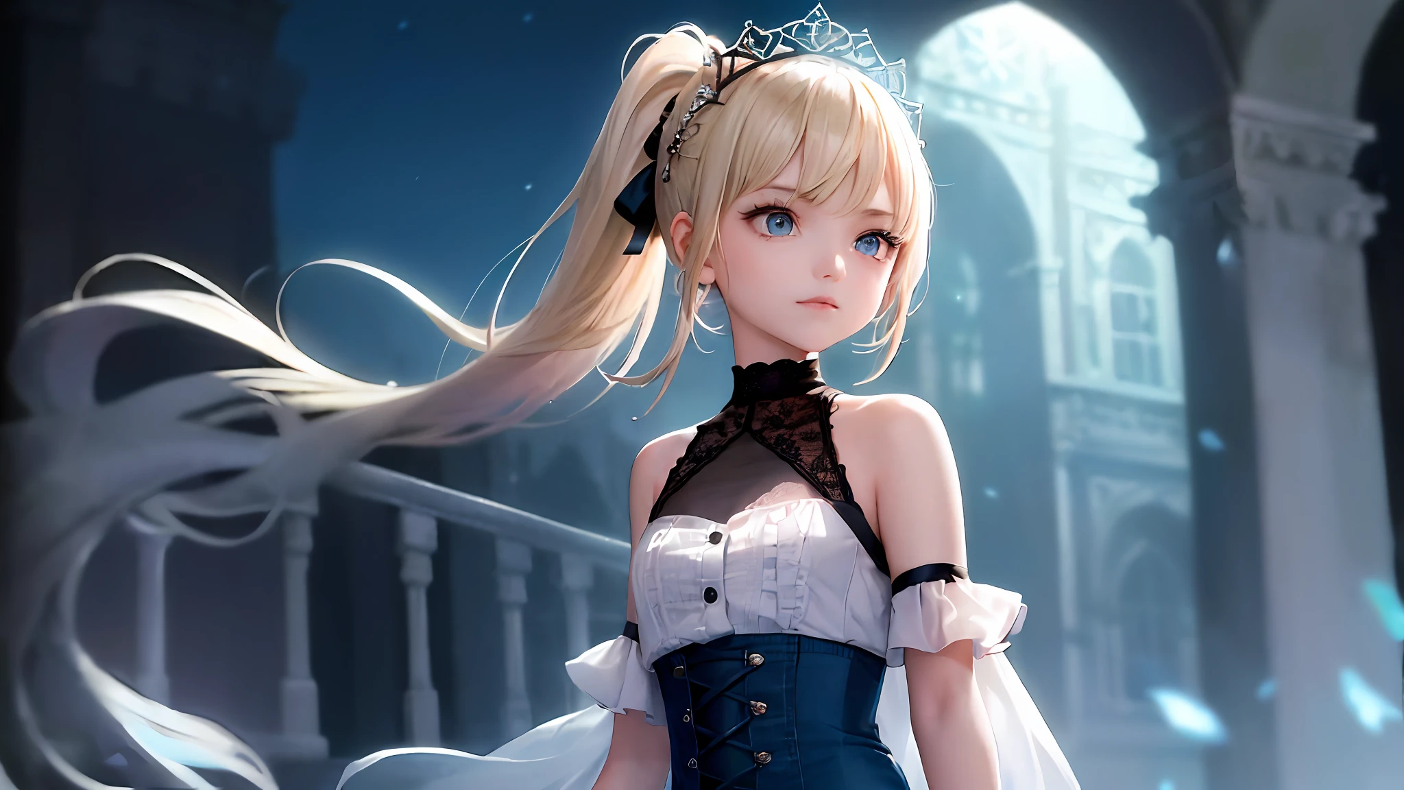 (1 girl, masterpiece: 1.1, best image quality: 1.1), (bright picture: 1.2), gothic costume, denim lens, break [blue:pink:0.5] theme, delicate skin, fine hair, cute face, beautiful eyes, upper body, hair grooming, double ponytail, blonde hair, blue eyes, wearing a delicate headdress, standing sideways in the outdoor castle scene, creating a mysterious atmosphere in the moonlight at night, bright light, clear background.