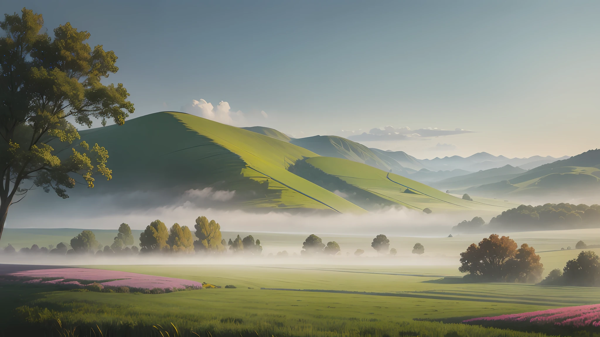 Description: Depict a country landscape during a misty morning, fusing matte painting and impressionism. Create an ethereal scene with rolling meadows covered in a gentle morning mist. Paint delicate and blurred brushstrokes characteristic of impressionism to capture the elusive nature of the mist, while adding layers of depth and detail with matte painting techniques. Use a soft color palette to enhance the serene ambiance of the countryside --auto --s2