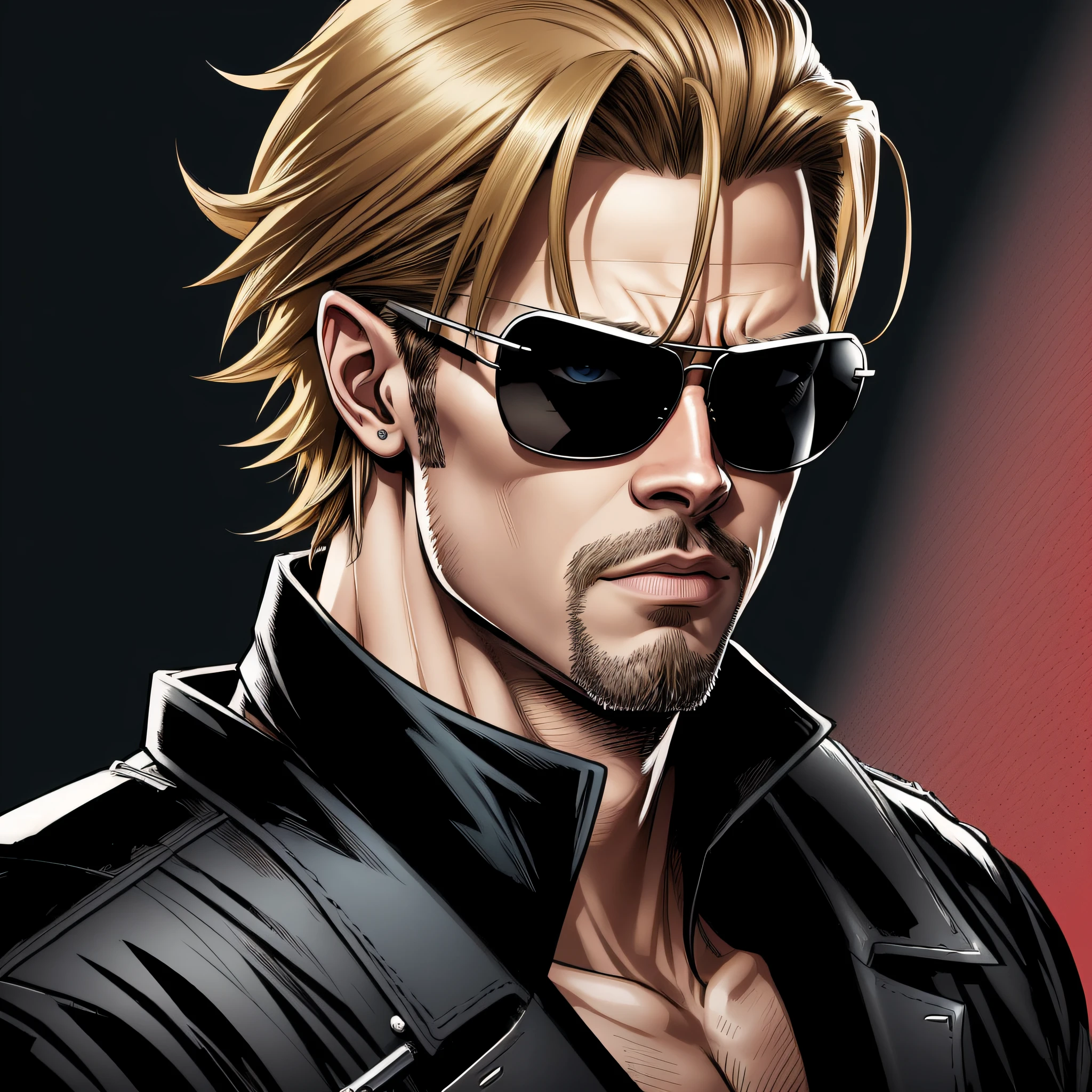 a cartoon of a man holding a gun and wearing sunglasses, a character portrait by Okada Beisanjin, pixiv, shin hanga, johan liebert, trigger anime artstyle, duke nukem art style, haris nukem, albert wesker, name of the character is chad, as a character in tekken, brad pitt is leon s. kennedy --auto --s2