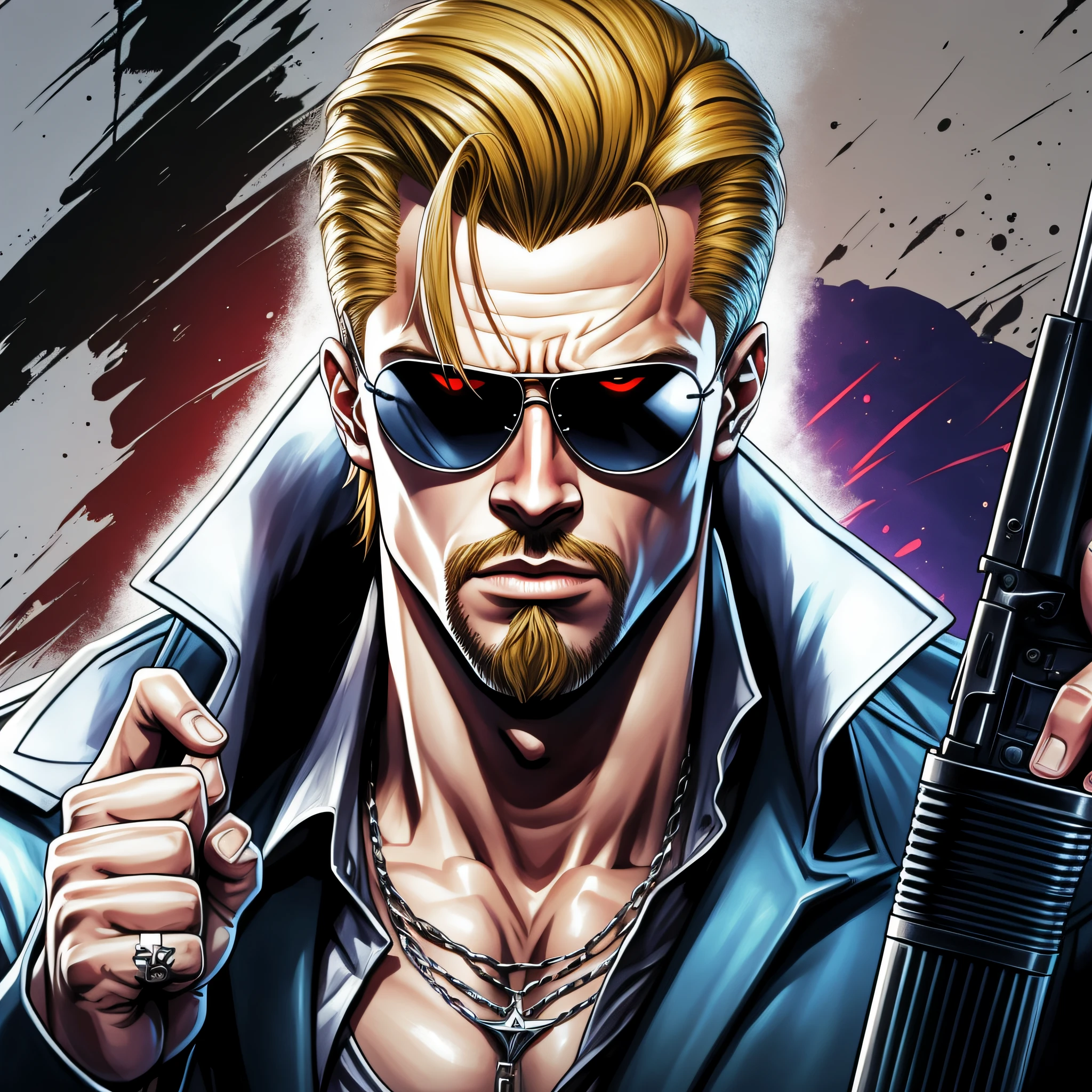 a cartoon of a man holding a gun and wearing sunglasses, johan liebert, trigger anime artstyle, duke nukem art style, haris nukem, albert wesker, name of the character is chad, as a character in tekken, brad pitt is leon s. kennedy, jetstream sam from metal gear, kentaro miura manga art style --auto --s2