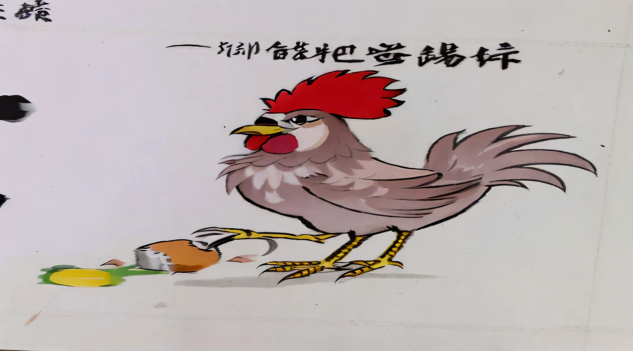 there is a sign with a rooster and a mouse on it, the king of rooster, rooster!!!!, anthropomorphized chicken, illustration of a rooster, rooster, by Yi Insang, illustration of an angry rooster, by Wen Boren, from china, by Cheng Jiasui, by Yan Hui, chicken dressed as an inmate, inspired by Xie Huan