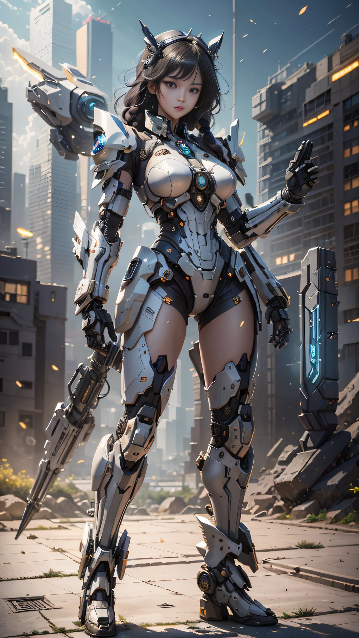 ((Best Quality)), ((Masterpiece)), (Very Detailed: 1.3), 3D, Icaru valkirie-mecha, Beautiful cyberpunk woman wearing crown, with master chef style armor, sci-fi technology, HDR (High Dynamic Range), ray tracing, nvidia RTX, super resolution, unreal 5, subsurface scattering, PBR texture, post-processing, anisotropic filtering, depth of field, maximum sharpness and sharpness, multi-layer texture, Specular and albedo mapping, surface shading, accurate simulation of light-material interactions, perfect proportions, octane rendering, duotone lighting, low ISO, white balance, rule of thirds, wide aperture, 8K RAW, high efficiency subpixels, subpixel convolution, light particles, light scattering, Tyndall effect, very sexy, full body, battle pose, black hair with braids,