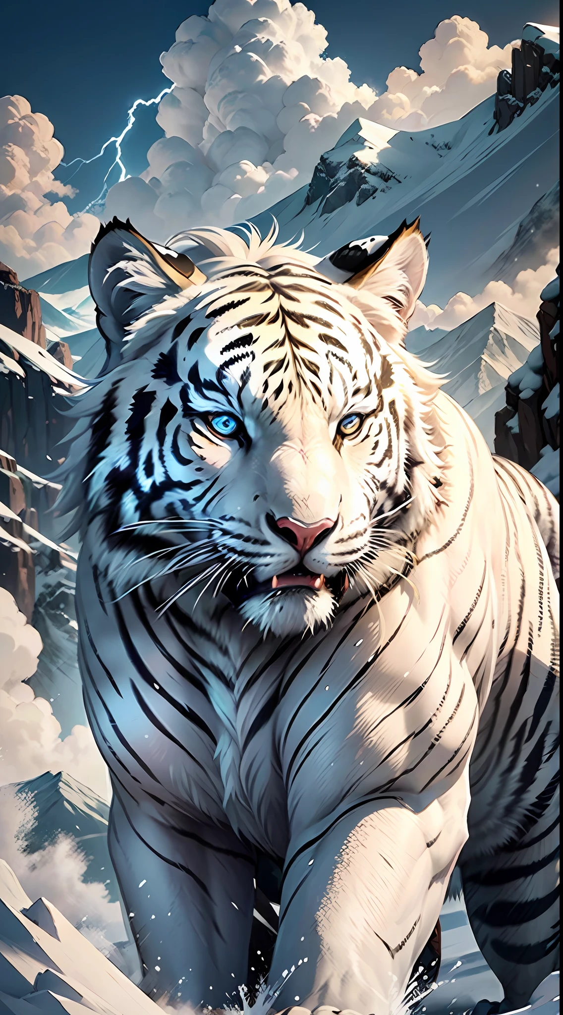 Mountains and seas through white tigers, sacred beasts, white tiger body tall, strong, white hair, like a white tiger made of clouds, its eyes are bright and spiritual, several feet long, the white tiger is a mountain spirit beast, its divine light Rui, the white tiger is a huge, snow-white spirit beast, living above the nine peaks, the tiger descends the mountain, the background is lofty mountains, there are ancient buildings below, lightning and lightning, the face is delicate details, the mouth is open, the perfect fangs, the neck has a thick mane, clear outline, perfect details, epic composition, the scene is grand, Ultra-realistic, surreal,