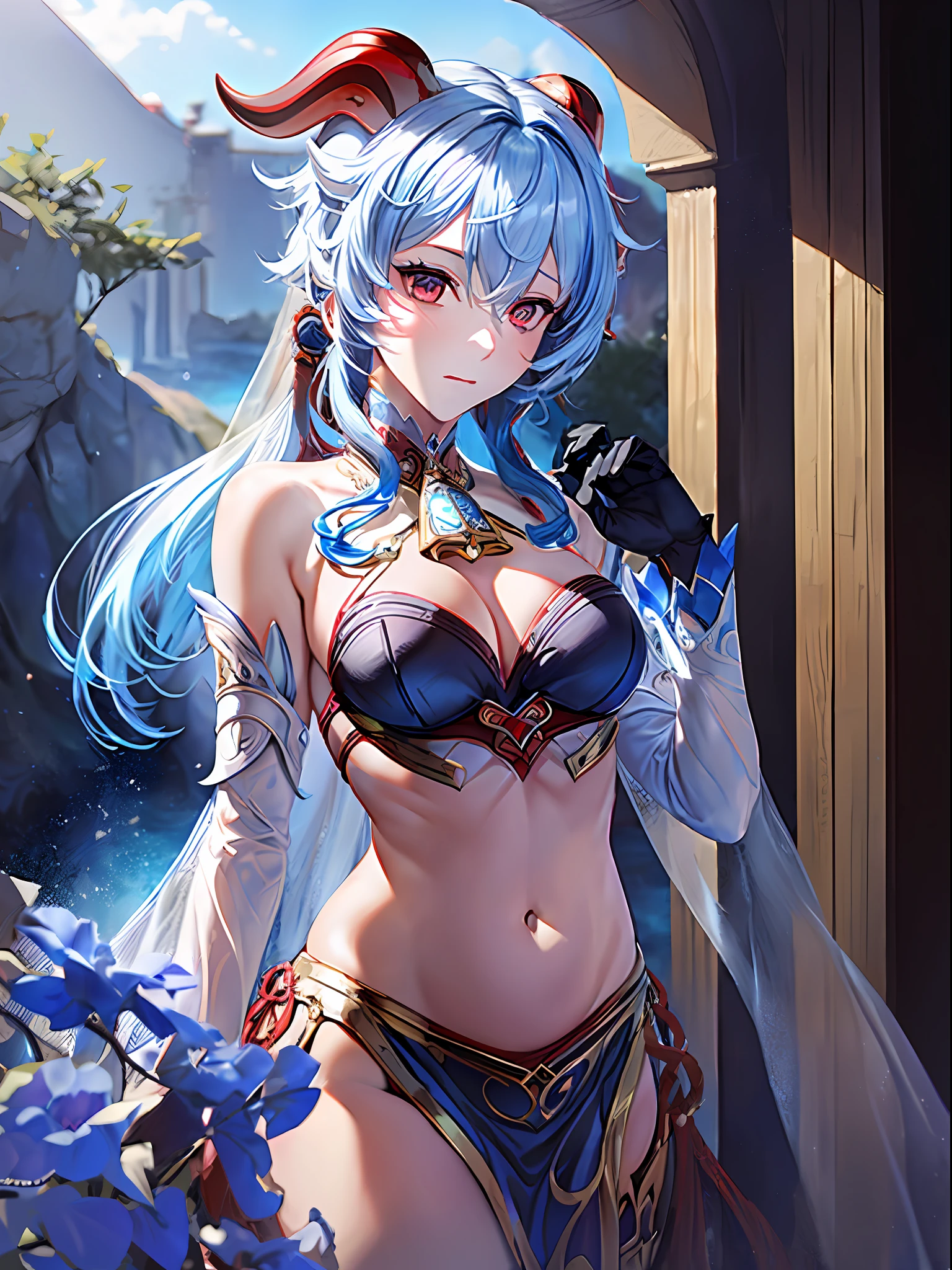 ganyu (genshin impact\), light blue hair, red eyes, red horns, white veil, lace costume, belly dancing, beautiful scenery, Arabian style, constriction, midchest