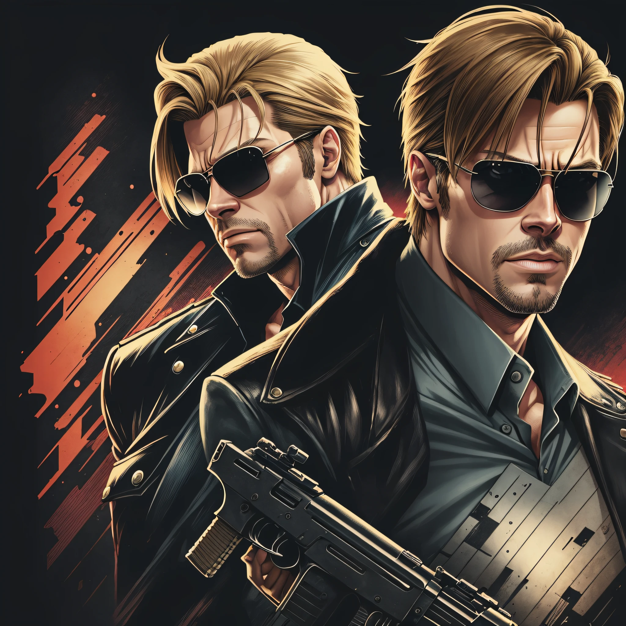 a cartoon of a man holding a gun and wearing sunglasses, a character portrait by Okada Beisanjin, pixiv, shin hanga, johan liebert, trigger anime artstyle, duke nukem art style, haris nukem, albert wesker, name of the character is chad, as a character in tekken, brad pitt is leon s. kennedy --auto --s2