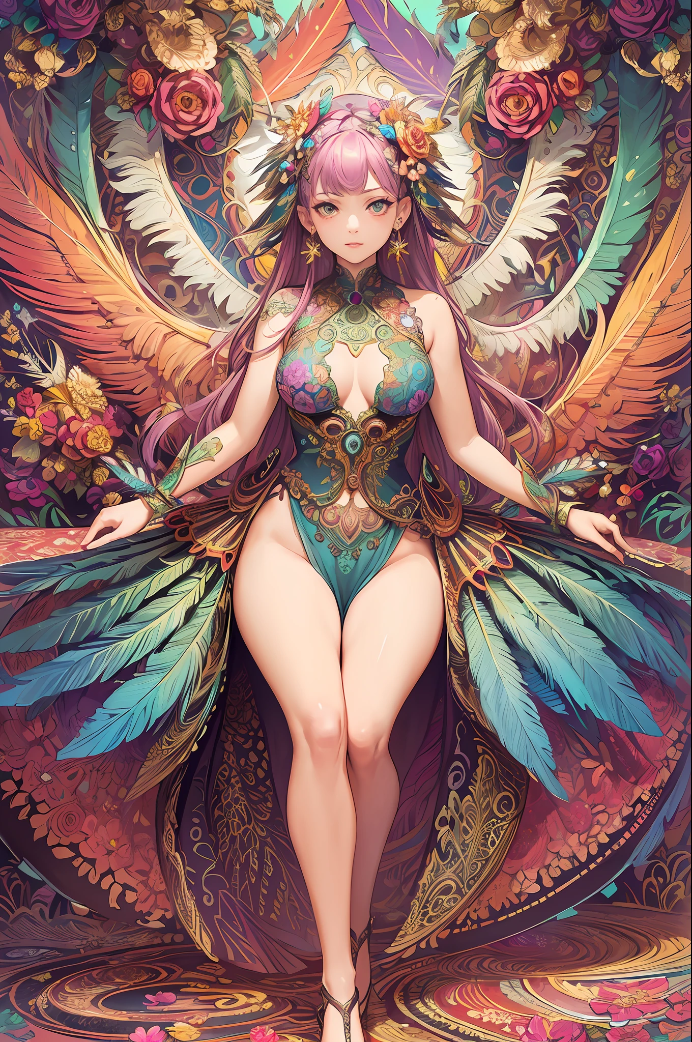 (masterpiece, top quality, best quality, official art, beautiful and aesthetic:1.2), (1girl:1.3), extremely detailed,(fractal art:1.1),(colorful:1.1)(flowers:1.3),highest detailed,(zentangle:1.2), (dynamic pose), (abstract background:1.3), (shiny skin), (many colors:1.4), ,(earrings:1.4), (feathers:1.4)