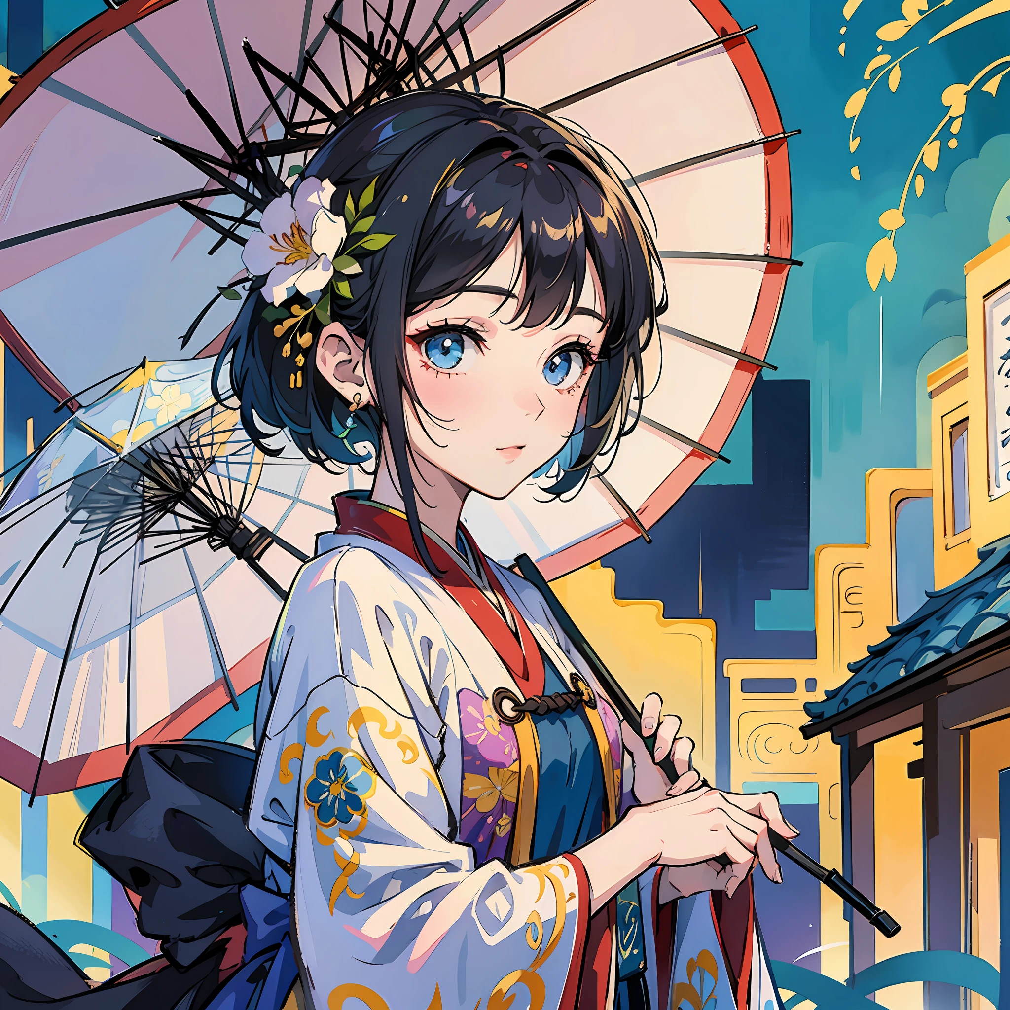 Cute and beautiful woman, short hair, Hanfu, umbrella, Disney style --auto --s2