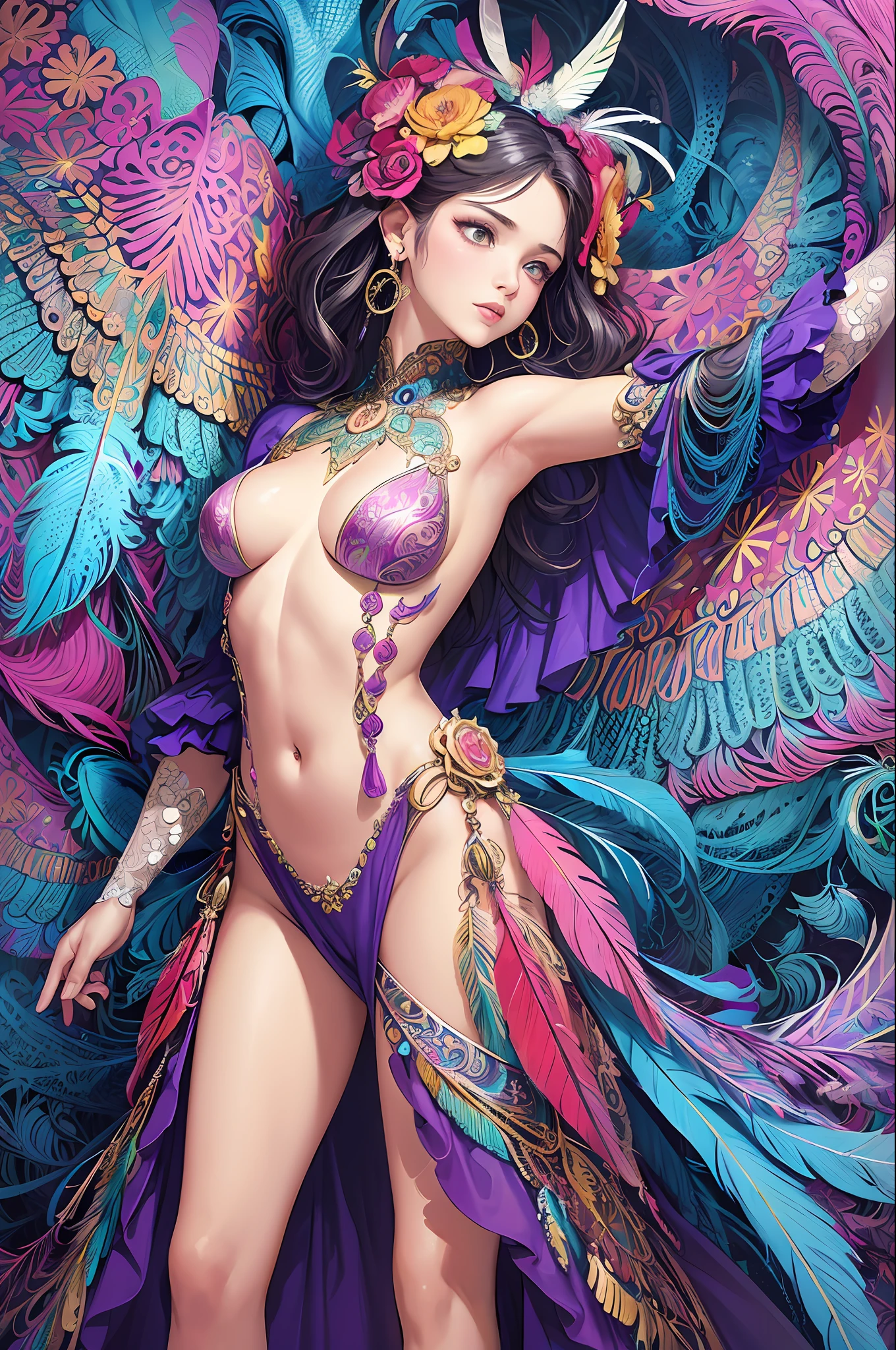 (masterpiece, top quality, best quality, official art, beautiful and aesthetic:1.2), (1girl:1.3), extremely detailed,(fractal art:1.1),(colorful:1.1)(flowers:1.3),highest detailed,(zentangle:1.2), (dynamic pose), (abstract background:1.3), (shiny skin), (many colors:1.4), ,(earrings:1.4), (feathers:1.4)