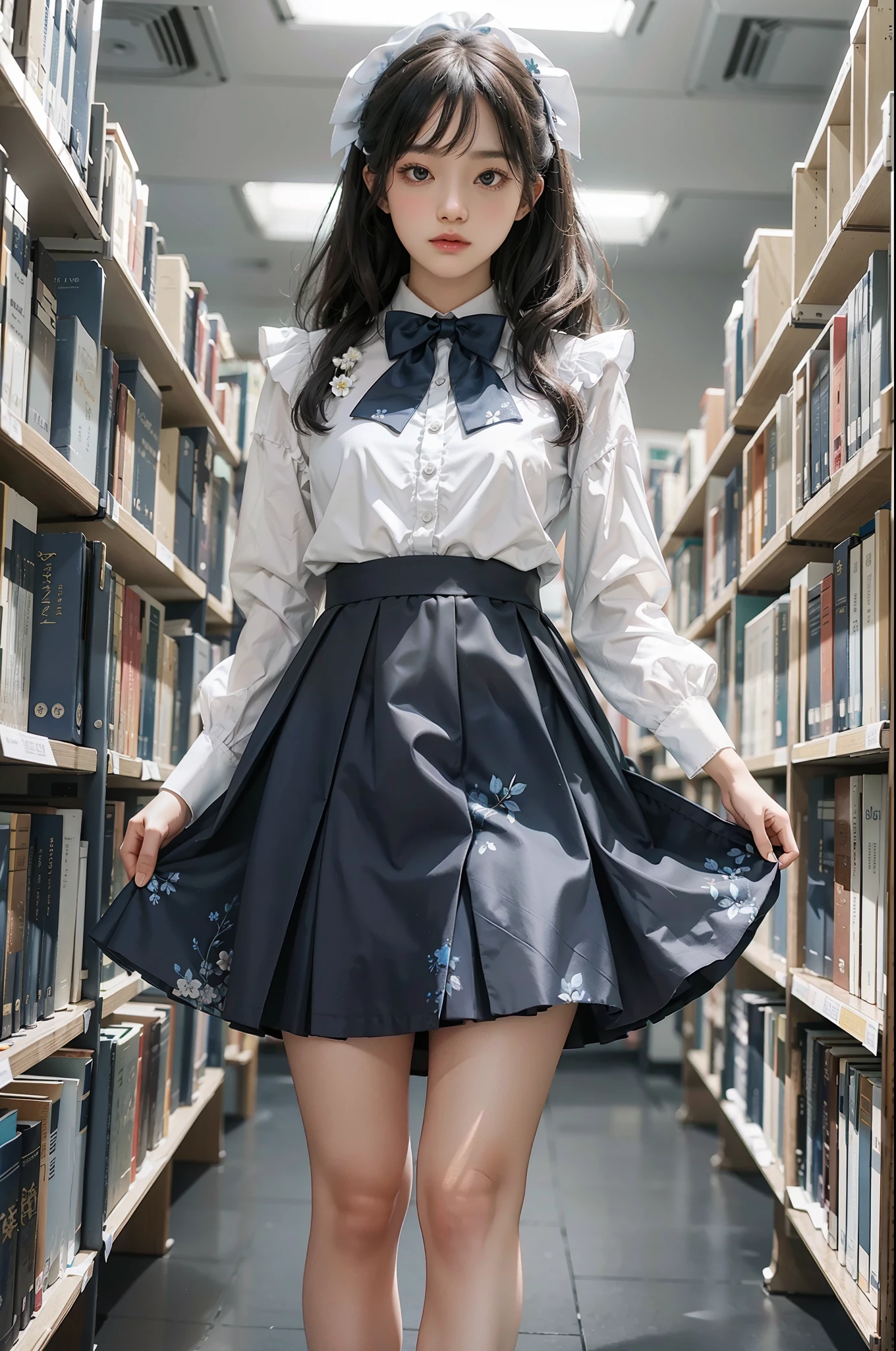 Woman standing alone in library, wearing white floral blouse, dark blue bow tie, dark blue skirt with ruffles, white ankle-length silk tri-fold socks, wearing pumps, white light background