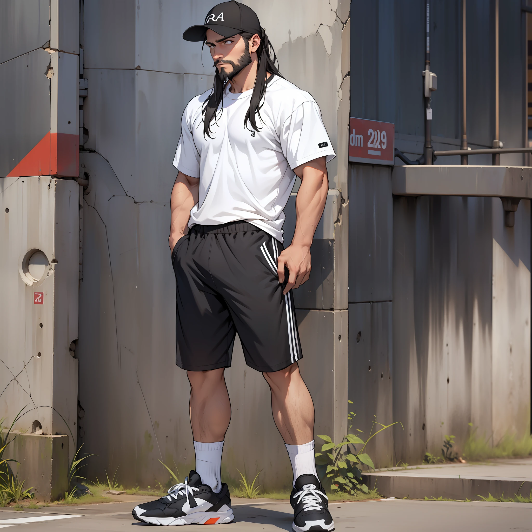 man, short beard, medium long hair, wearing white dirty crew socks relaxing, standing tall, full body, black loose chino shorts, non sport pants, small athletic, white male, sports cap, soccer sneakers, Spanish,