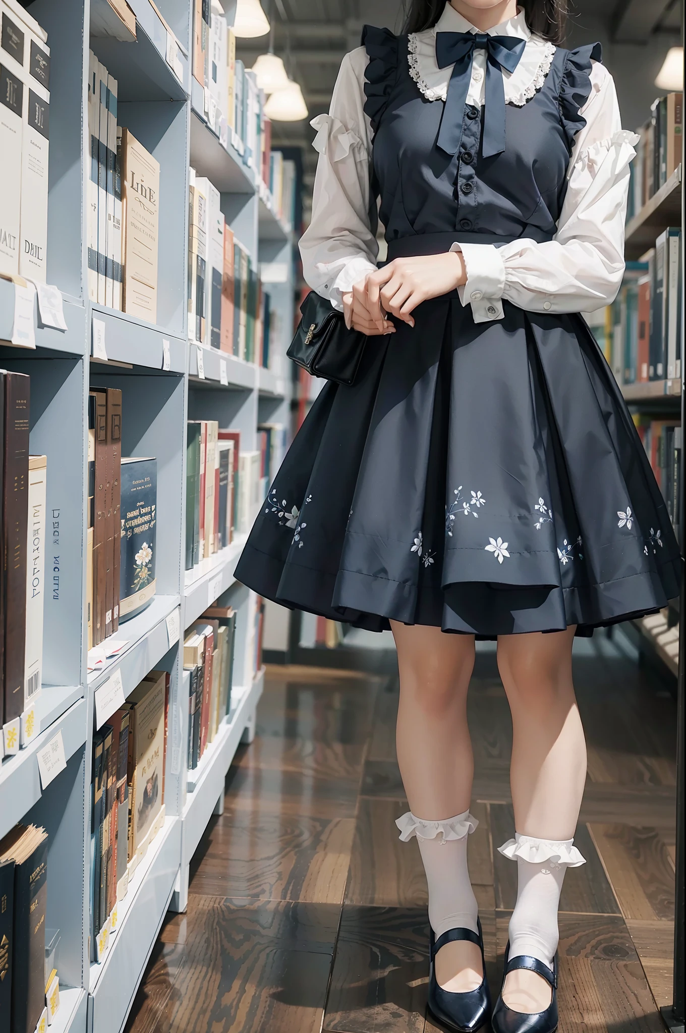 Woman standing alone in library, wearing white floral blouse, dark blue bow tie, dark blue skirt with ruffles, white ankle-length silk tri-fold socks, wearing pumps, white light background