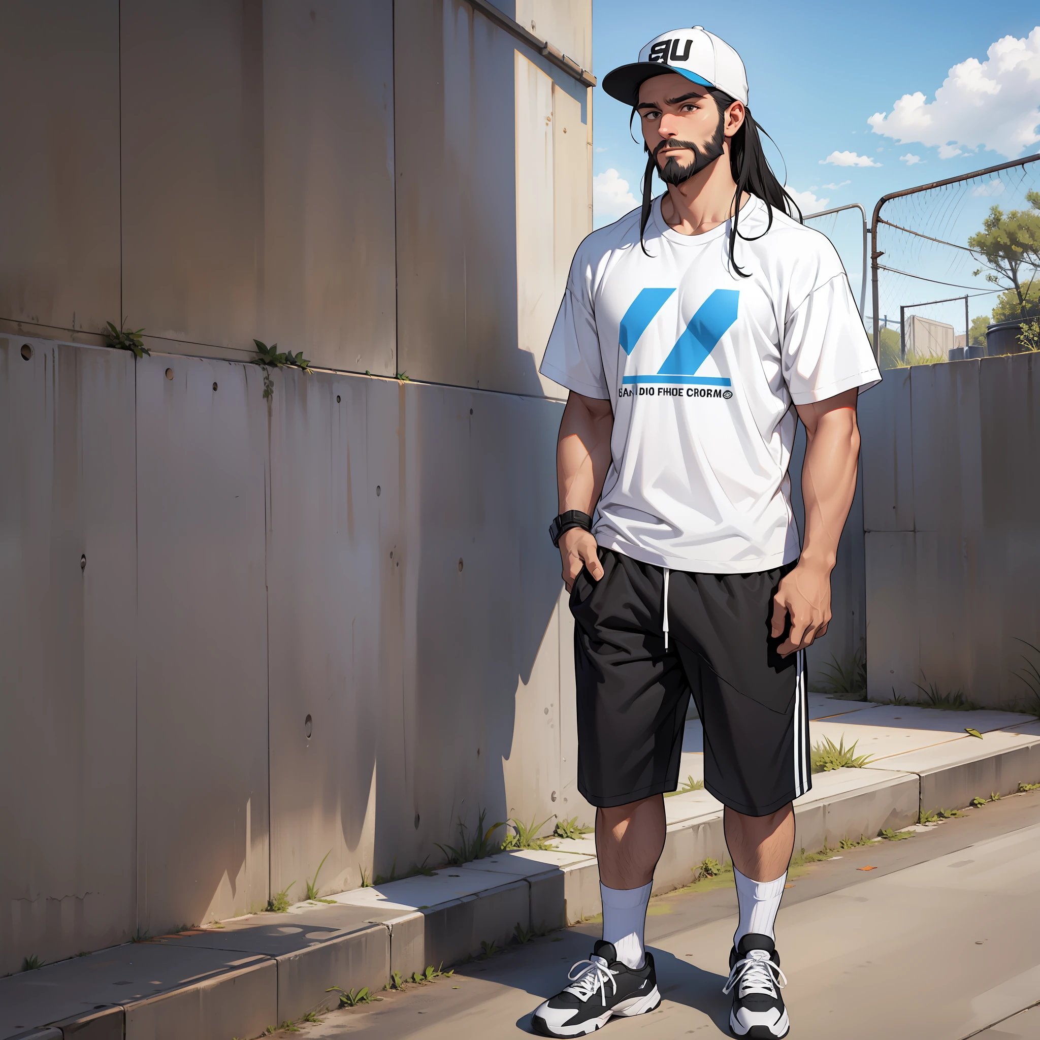 man, short beard, medium long hair, wearing white dirty crew socks relaxing, standing tall, full body, black loose chino shorts, non sport pants, small athletic, white male, sports cap, soccer sneakers, Spanish,
