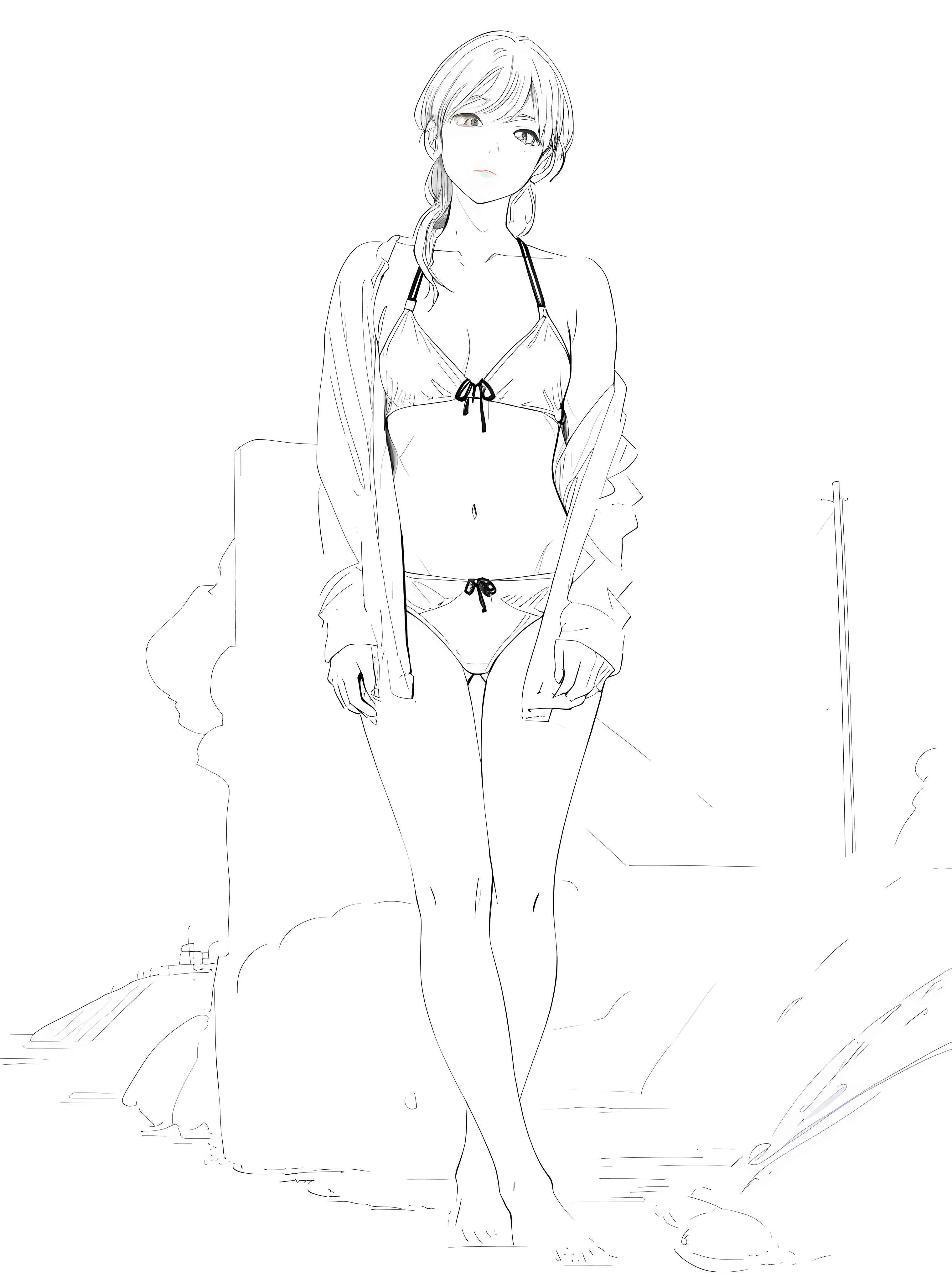 drawing of a woman in swimsuit standing on a beach, line sketch, by Yasutomo Oka, line sketch!, by Naka Bokunen, outline sketch, inspired by Apollonia Saintclair, by Antonio Rotta, shohei otomo, by Oka Yasutomo, by Yuki Ogura, by Hugh Hughes, asa mitaka,