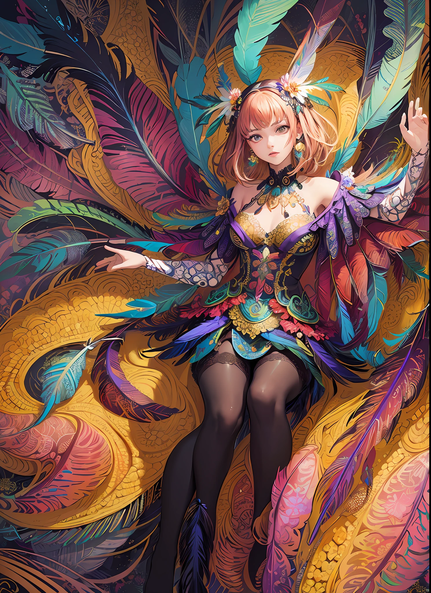 (masterpiece, top quality, best quality, official art, beautiful and aesthetic:1.2), (1girl:1.3), extremely detailed,(fractal art:1.1),(colorful:1.1)(flowers:1.3),highest detailed,(zentangle:1.2), (dynamic pose), (abstract background:1.3), (many colors:1.4), ,(earrings), (feathers:1.5)