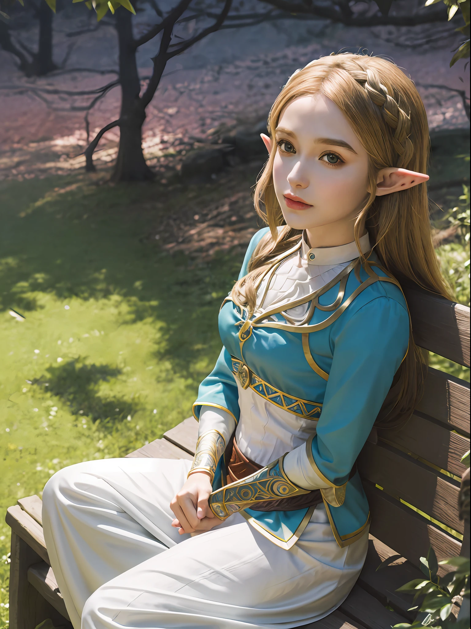 Style image of woman sitting on a park bench, Portrait of Zelda, Portrait of Princess Zelda, Elf Princess, charming Elf Princess Knight, Elf Girl, Princess Zelda, Elf Portrait, from The Legend of Zelda