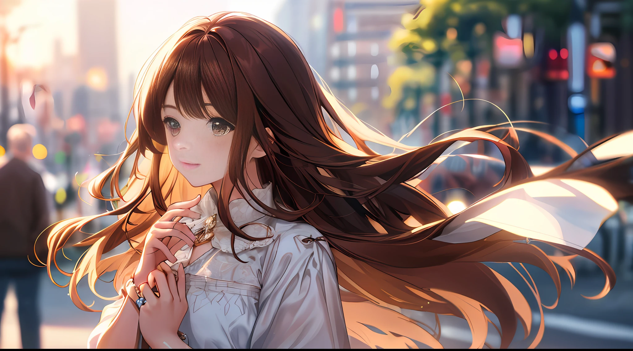 1girl, face focus, adult, detail background, diffuse sunlight, depth of field, background bokeh, street, city (delicate face: 1.3), long hair, brown hair, delicate facial features, standing, with ring