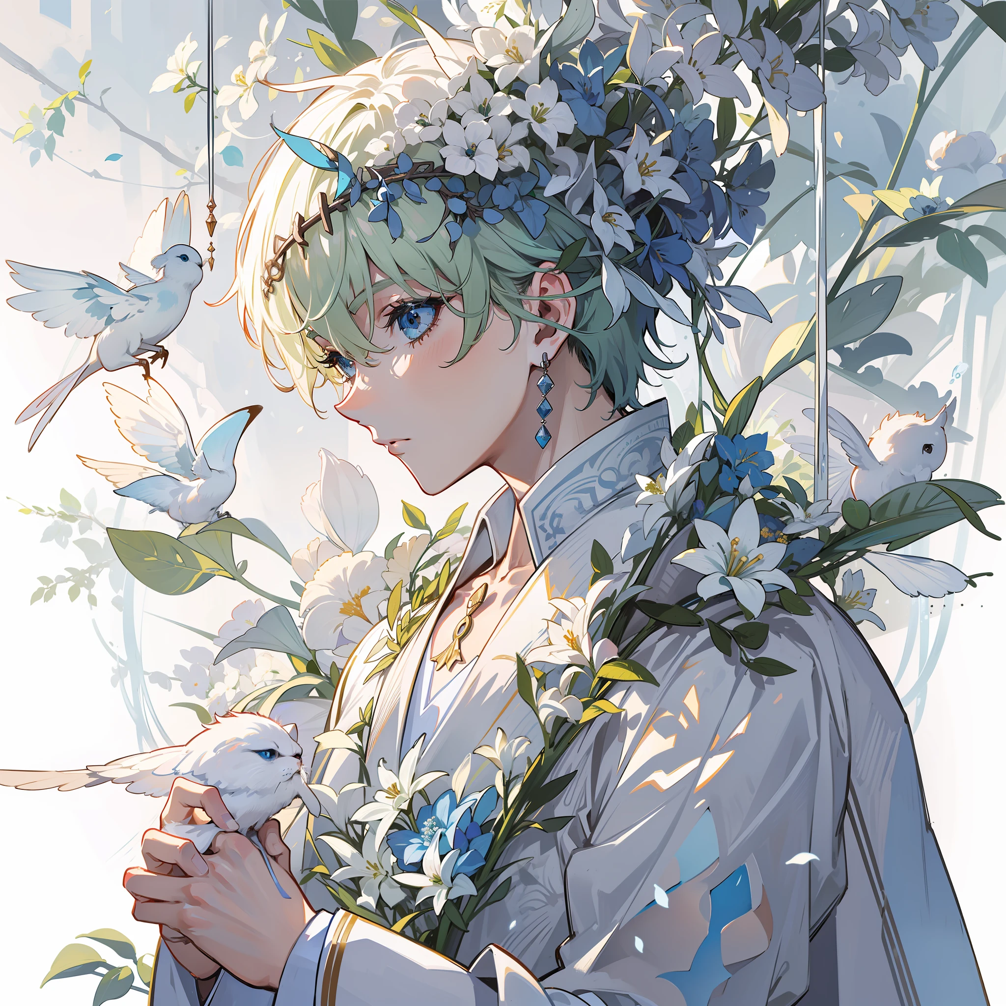 Adult male, highest quality infinite detail, fine detail, male, short green hair, messy hair, delicate blue eyes, white shirt, white and blue flowers, clear detail, infinite detail, fragile, backlit, super perfect, gorgeous, painting background, super fine work, god, rich detail, elegant, beautiful (masterpiece) The description of hair in the text is very detailed, the description of the eyes is also very detailed, the detailed depiction of the face of the character 00 --ar 1:1 --q 4 -- niji 5 --s 2