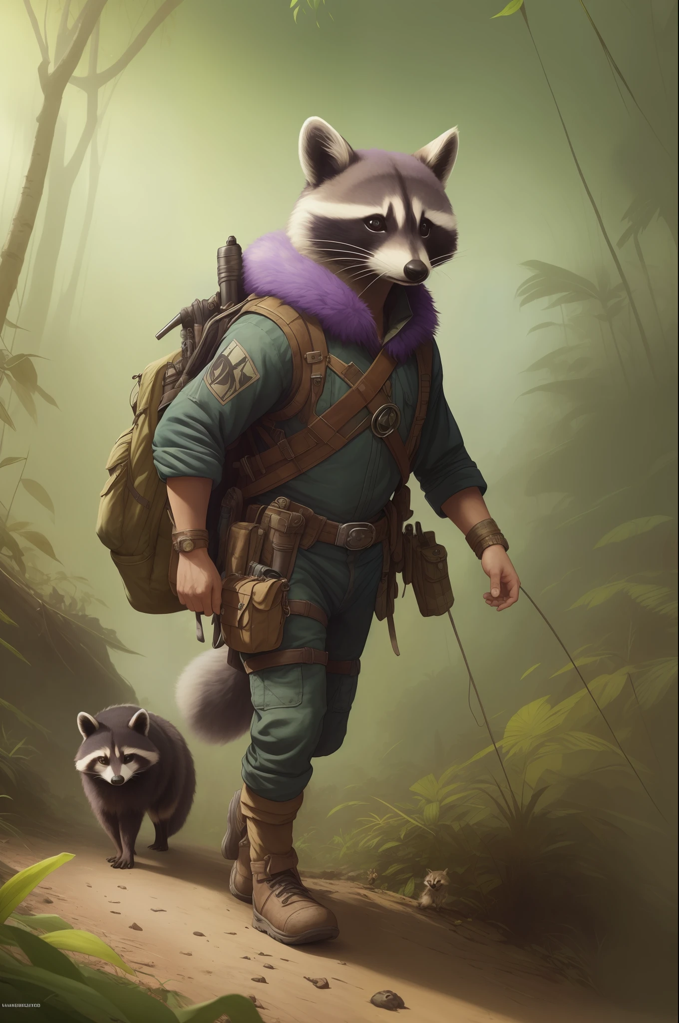 Cute raccoon adventurer walking in a colorful wild jungle, oversaturated, Jean-Baptiste Monge, Gilles Beloeil, Tyler Edlin, Marek Okon, Pixar, 8k, album cover, comic book style, golden ratio, perfect composition, masterpiece, artstation trend, purple fur
