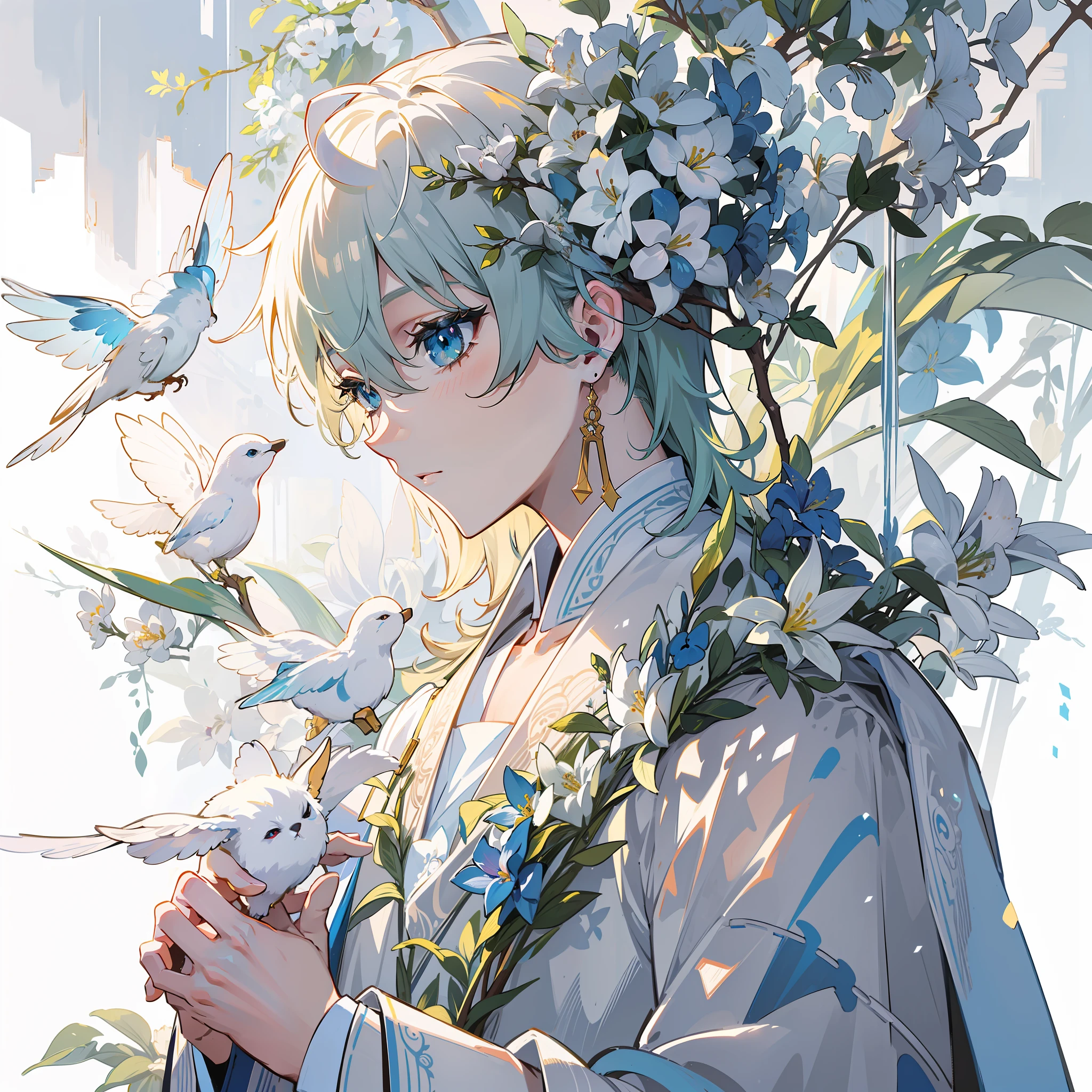 Adult male, highest quality infinite detail, fine detail, male, short green hair, messy hair, delicate blue eyes, white shirt, white and blue flowers, clear detail, infinite detail, fragile, backlit, super perfect, gorgeous, painting background, super fine work, god, rich detail, elegant, beautiful (masterpiece) The description of hair in the text is very detailed, the description of the eyes is also very detailed, the detailed depiction of the face of the character 00 --ar 1:1 --q 4 -- niji 5 --s 2