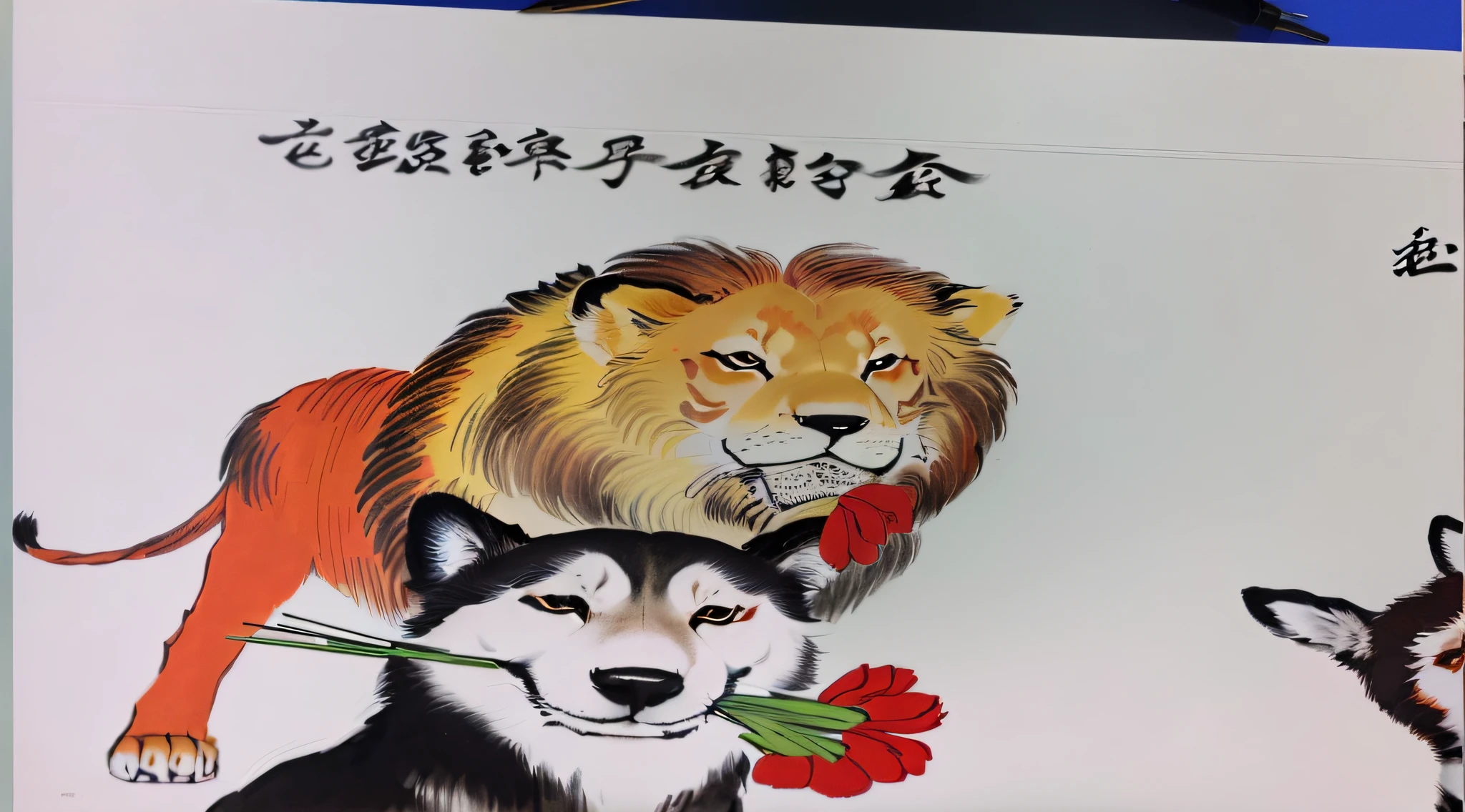 there are two dogs and a lion on a sign with chinese writing, by Ayako Rokkaku, traditional chinese painting, chinese brush pen illustration, traditional painting, by Shiba Kōkan, animal painting, traditional chinese ink painting, red panda on a propaganda poster, chinese style painting, chinese painting style, by Shinoda Toko