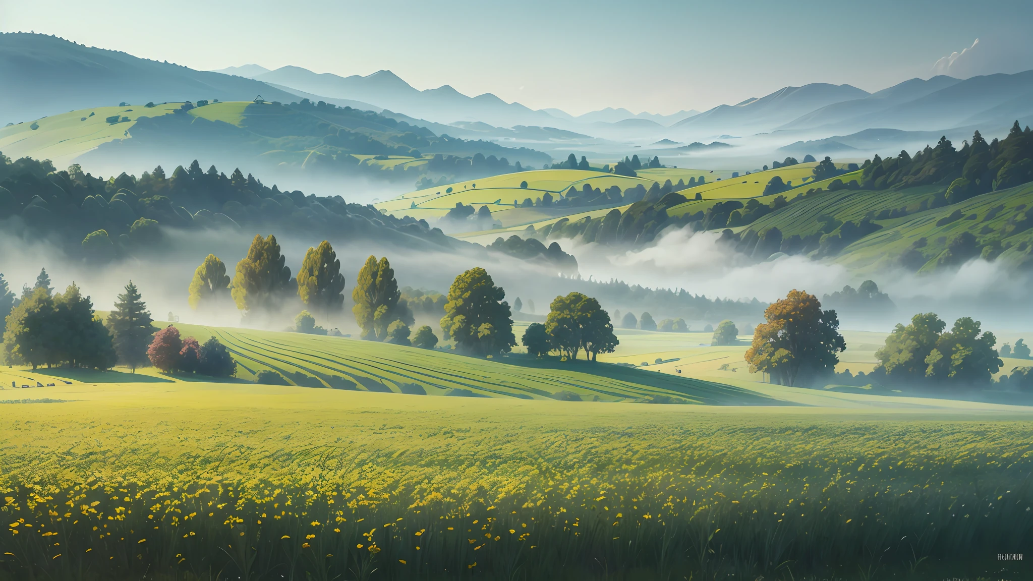 Description: Depict a country landscape during a misty morning, fusing matte painting and impressionism. Create an ethereal scene with rolling meadows covered in a gentle morning mist. Paint delicate and blurred brushstrokes characteristic of impressionism to capture the elusive nature of the mist, while adding layers of depth and detail with matte painting techniques. Use a soft color palette to enhance the serene ambiance of the countryside --auto --s2