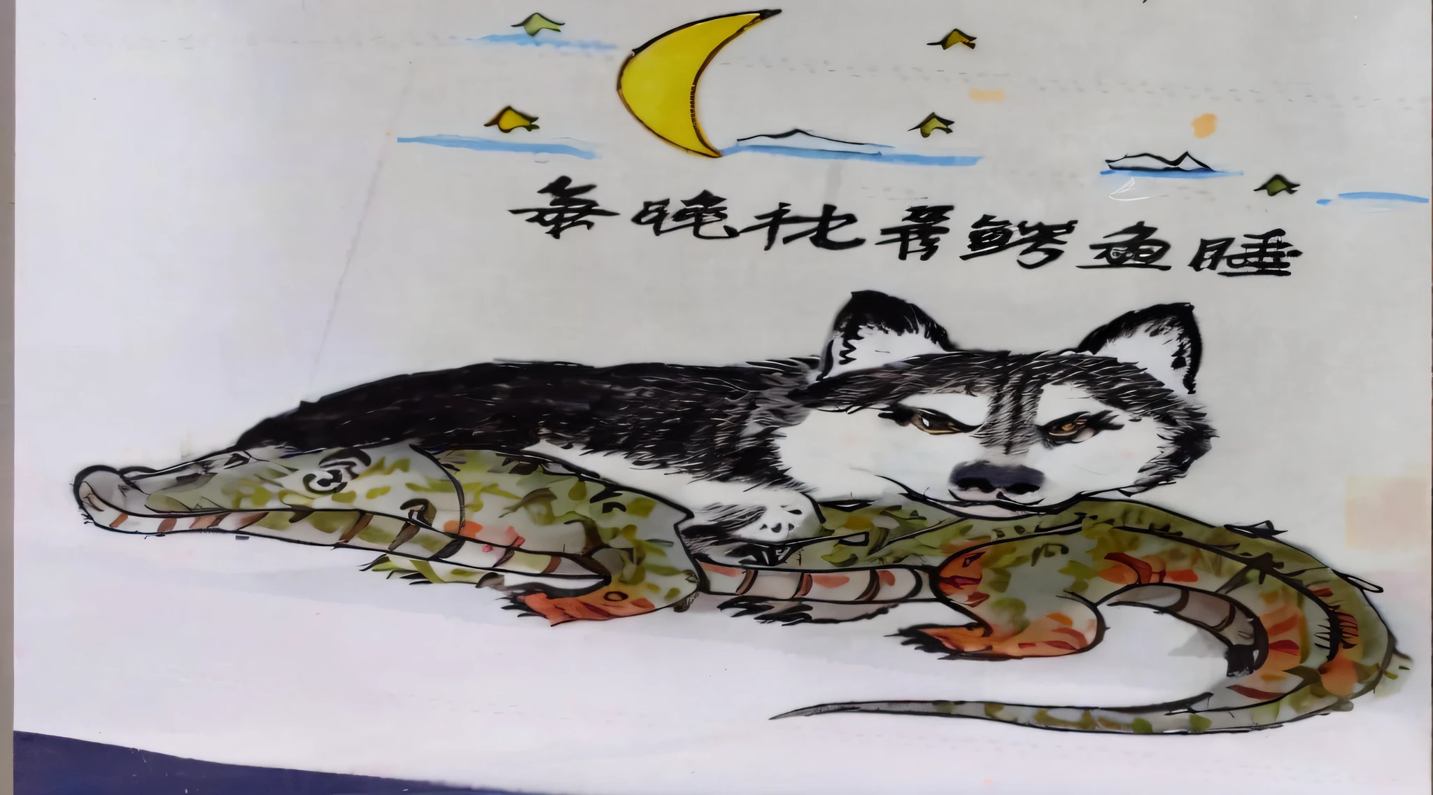 there is a drawing of a dog and a cat on a pillow, chinese brush pen illustration, red panda on a propaganda poster, chinese painting style, traditional chinese ink painting, traditional chinese painting, by Shiba Kōkan, inspired by Qi Baishi, inspired by Miao Fu, inspired by Sheng Maoye, chinese ink painting