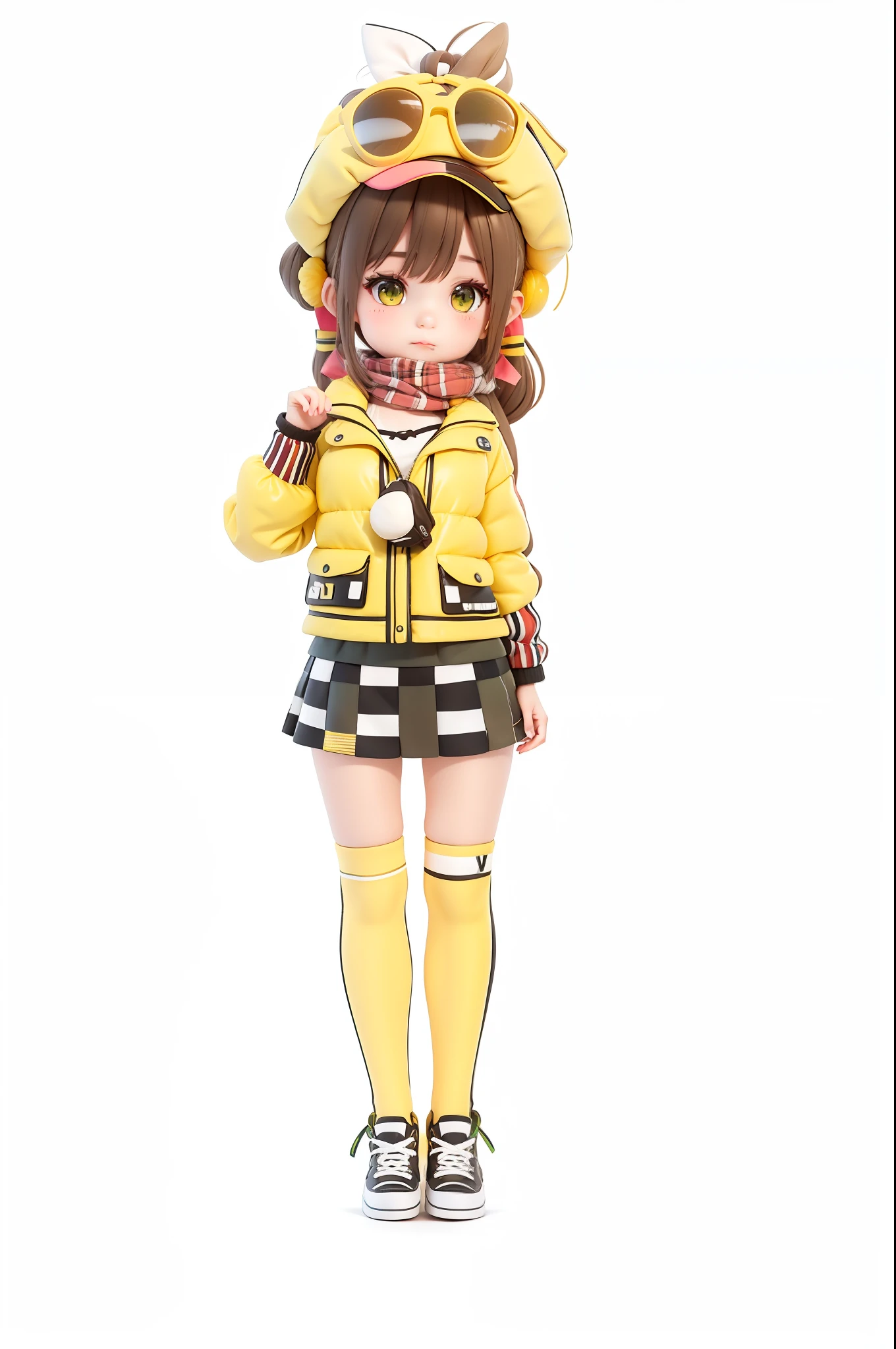 Cute double ponytail girl brown dull fur yellow beret sunglasses above beret yellow coat yellow socks black and white gray plaid skirt green sneakers D cups