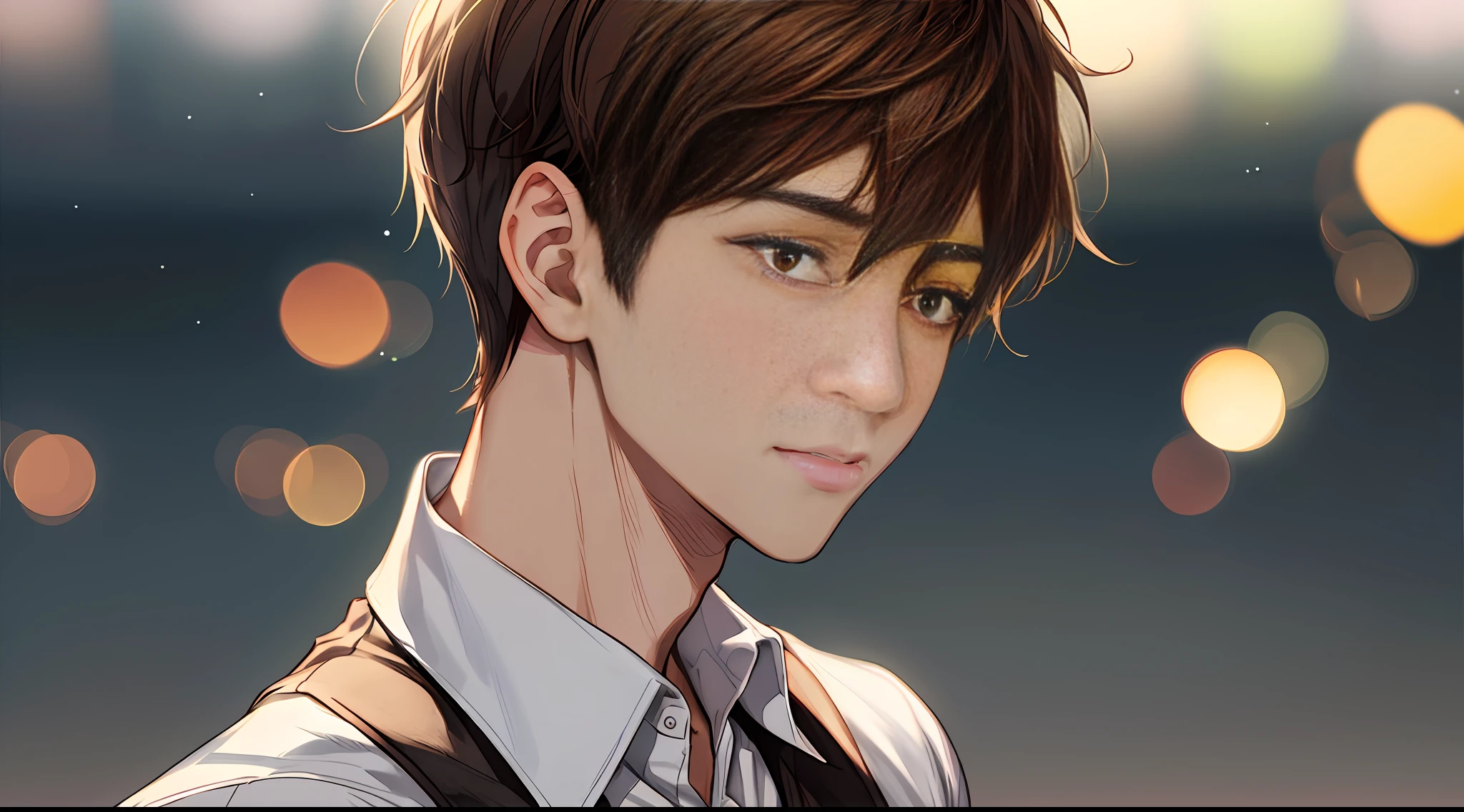 1boy, face focus, adult, detail background, karaoke scene, depth of field, lighting, background bokeh, (delicate face: 1.3), short hair, brown hair, delicate facial features, black vest, white shirt
