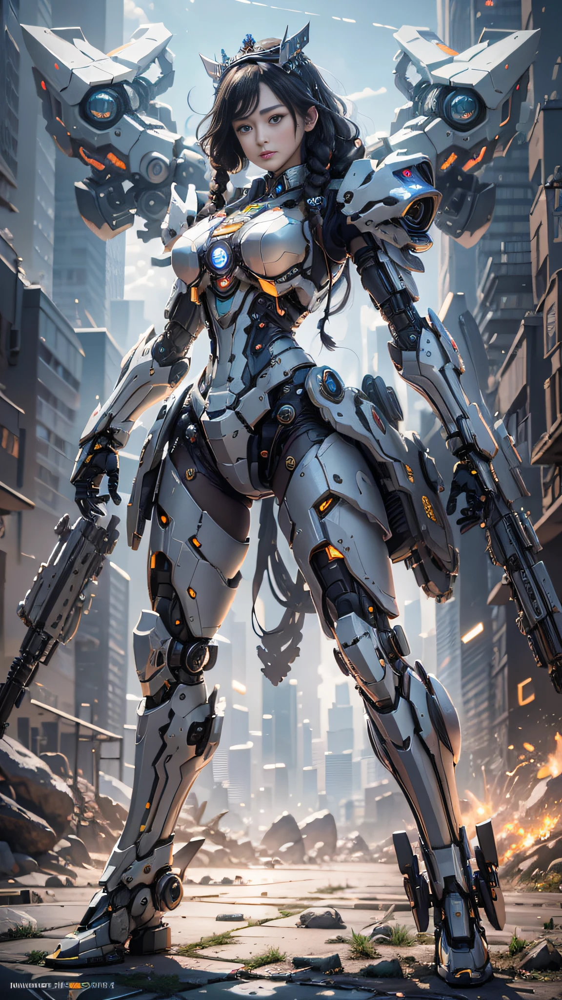 ((Best Quality)), ((Masterpiece)), (Very Detailed: 1.3), 3D, Icaru valkirie-mecha, Beautiful cyberpunk woman wearing crown, with master chef style armor, sci-fi technology, HDR (High Dynamic Range), ray tracing, nvidia RTX, super resolution, unreal 5, subsurface scattering, PBR texture, post-processing, anisotropic filtering, depth of field, maximum sharpness and sharpness, multi-layer texture, Specular and albedo mapping, surface shading, accurate simulation of light-material interactions, perfect proportions, octane rendering, duotone lighting, low ISO, white balance, rule of thirds, wide aperture, 8K RAW, high efficiency subpixels, subpixel convolution, light particles, light scattering, Tyndall effect, very sexy, full body, battle pose, black hair with braids,