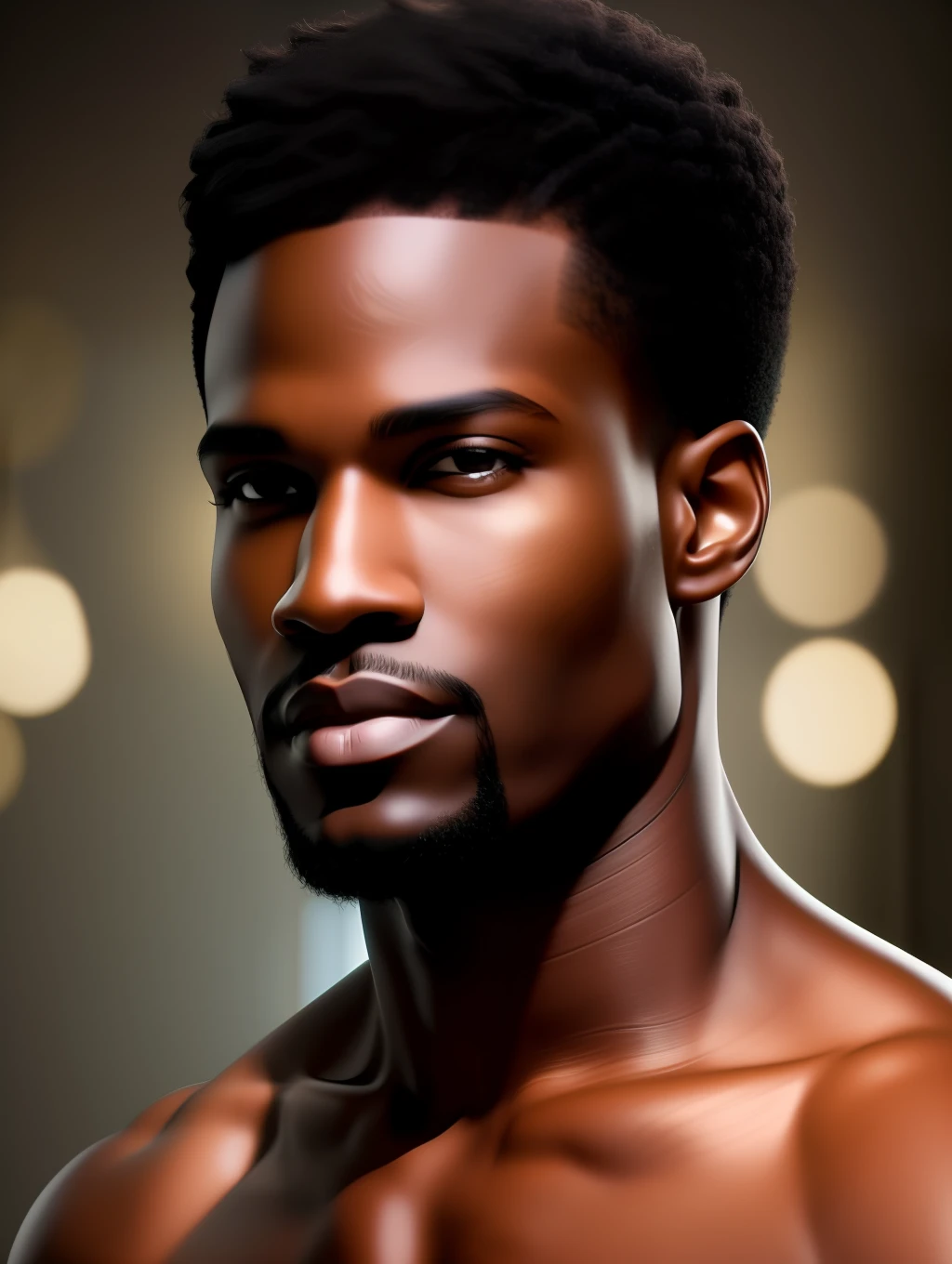Handsome Black man, coffee color skin with greenish hue, unbelievably handsome , honey eyes, hyper realistic facial details, golden ratio beauty, defined clothing ,haute couture style clothing, short light brown hair, shaved at temples, hd crisp, cannon 6d, wide angle camera, full body shot, frontal view, concept art,masterpiece, anatomically perfect, photorealistic, complimentary light, looking at the camera