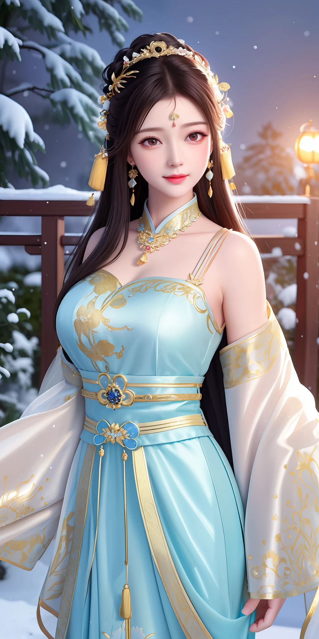 best quality, masterpiece, highres, 1girl, transparent silk china dress, cotton robe, hair ornament, smile, closed mouth,lips, dress,hair ornament, necklace, jewelry, chinese clothes, long hair, earrings, detailed beautiful eyes,detailed eyelash, Beautiful face,upon_body, tyndall effect,photorealistic, rim lighting, two tone lighting,(high detailed skin:1.2), 8k uhd, dslr, soft lighting, high quality, volumetric lighting, candid, Photograph, high resolution, 4k, 8k, Bokeh, in garden, falling snow, winter, (gigantic breasts:0.75)