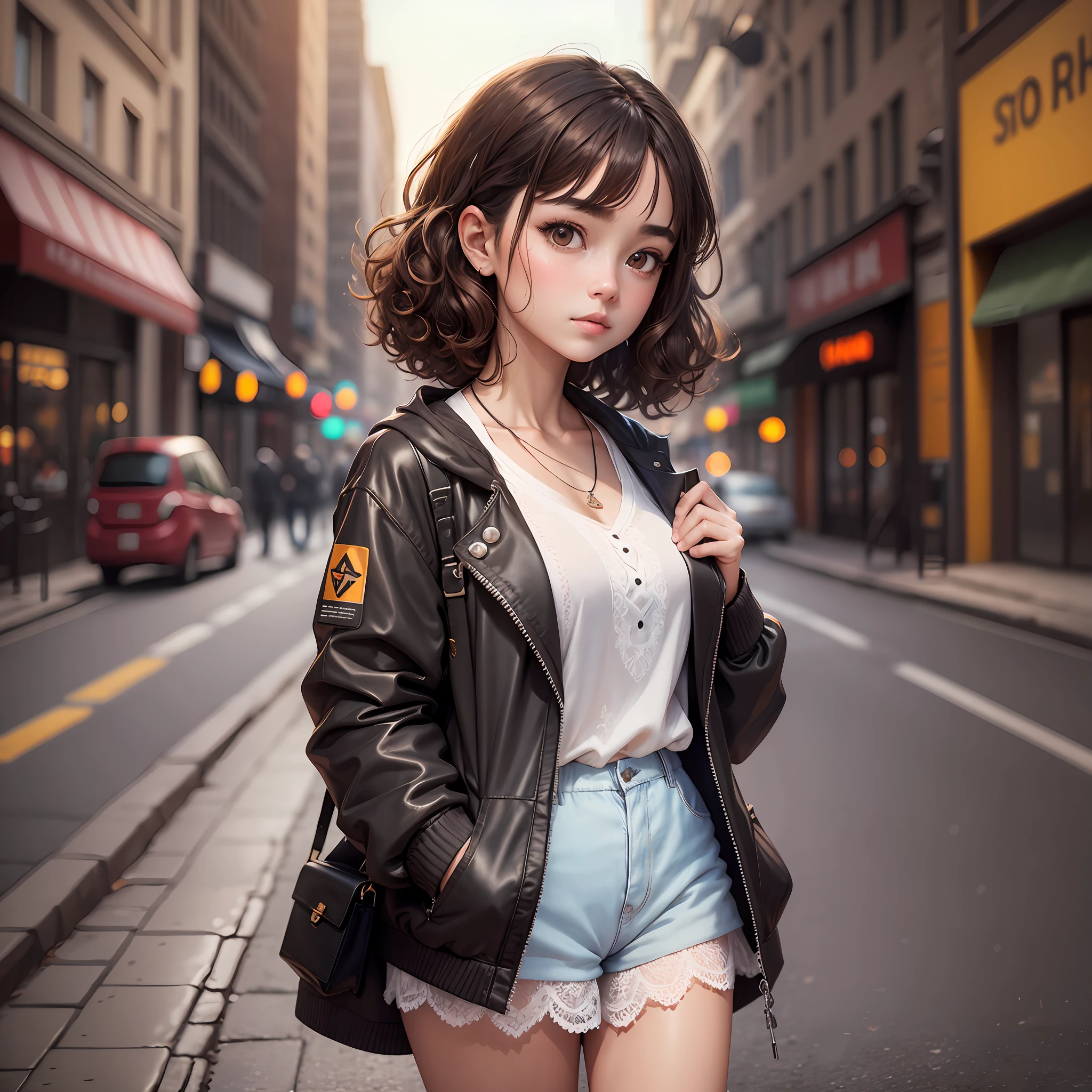 A masterpiece in high quality, a detailed image in static CG of 8K, with a beautiful and delicate atmosphere. Inspired by a "Chibe" look, a brunette girl with curly hair from the root to dark brown tips, dark brown eyes, serious expression, wearing white blouse, lace shorts and socks with sneakers, holding a cell phone, with a jacket. The background features a well-lit city environment, with balanced light and shadow and a combination of well-saturated colors, bringing depth and texture to the image. --auto --s2