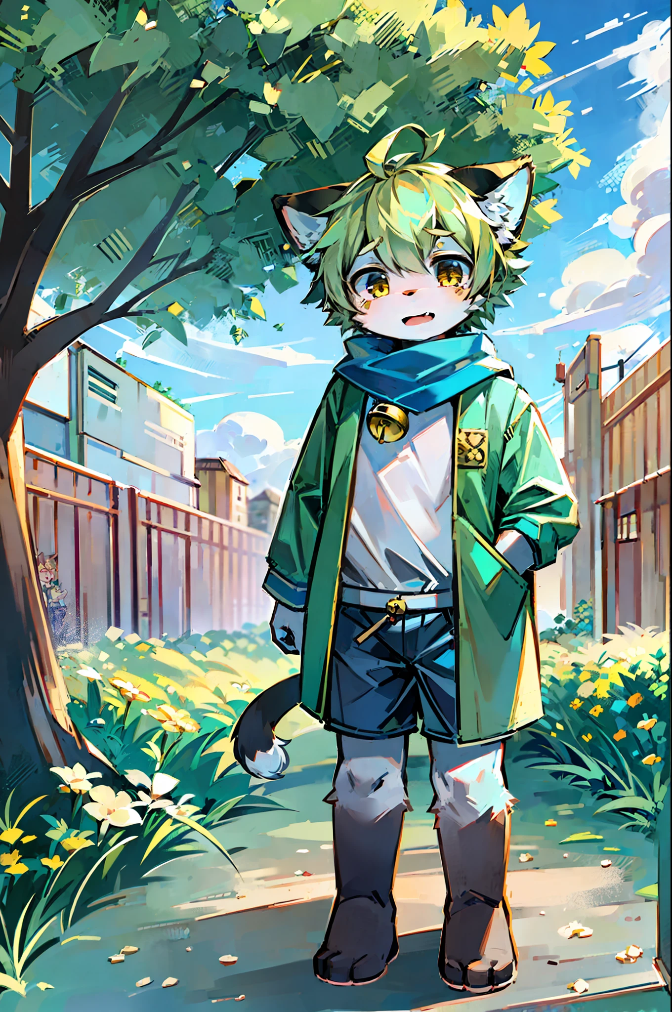 field, garden, band-aid, short hair, blonde, ahoge, bell collar, full body, child, furry, cat ears, open mouth, clouds, sky, sky, sun, in summer, no spots, cubs, yellow fur everywhere, cat ears, cat type, fluffy big tail, masterpiece, high quality portrait, humanoid, cub, lone child boy, wind, pose, full shot, sky blue coat, gray shorts, yellow scarf, white shirt, super cute face, hands, meat pad, Layered, Furry, hairy all over