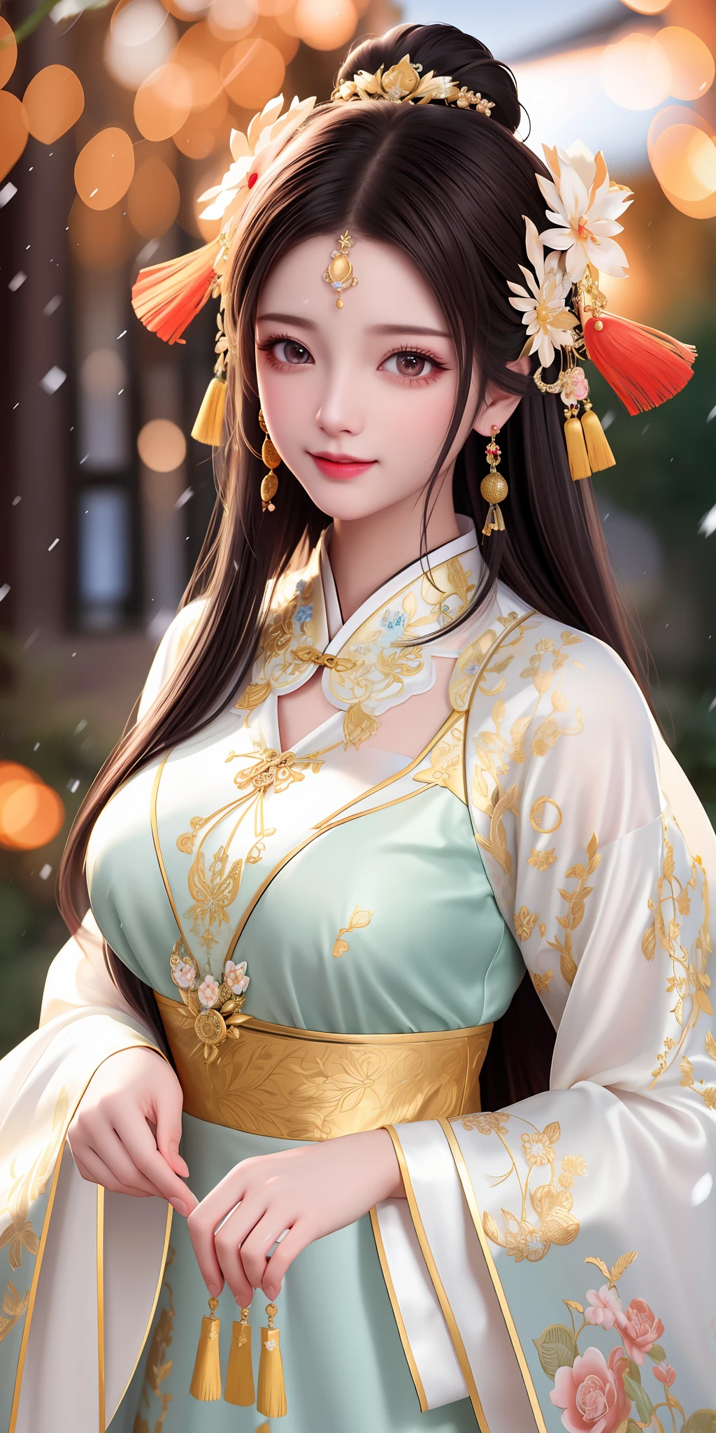 best quality, masterpiece, highres, 1girl, transparent silk china dress, cotton robe, hair ornament, smile, closed mouth,lips, dress,hair ornament, necklace, jewelry, chinese clothes, long hair, earrings, detailed beautiful eyes,detailed eyelash, Beautiful face,upon_body, tyndall effect,photorealistic, rim lighting, two tone lighting,(high detailed skin:1.2), 8k uhd, dslr, soft lighting, high quality, volumetric lighting, candid, Photograph, high resolution, 4k, 8k, Bokeh, in garden, falling snow, winter, (gigantic breasts:0.75)