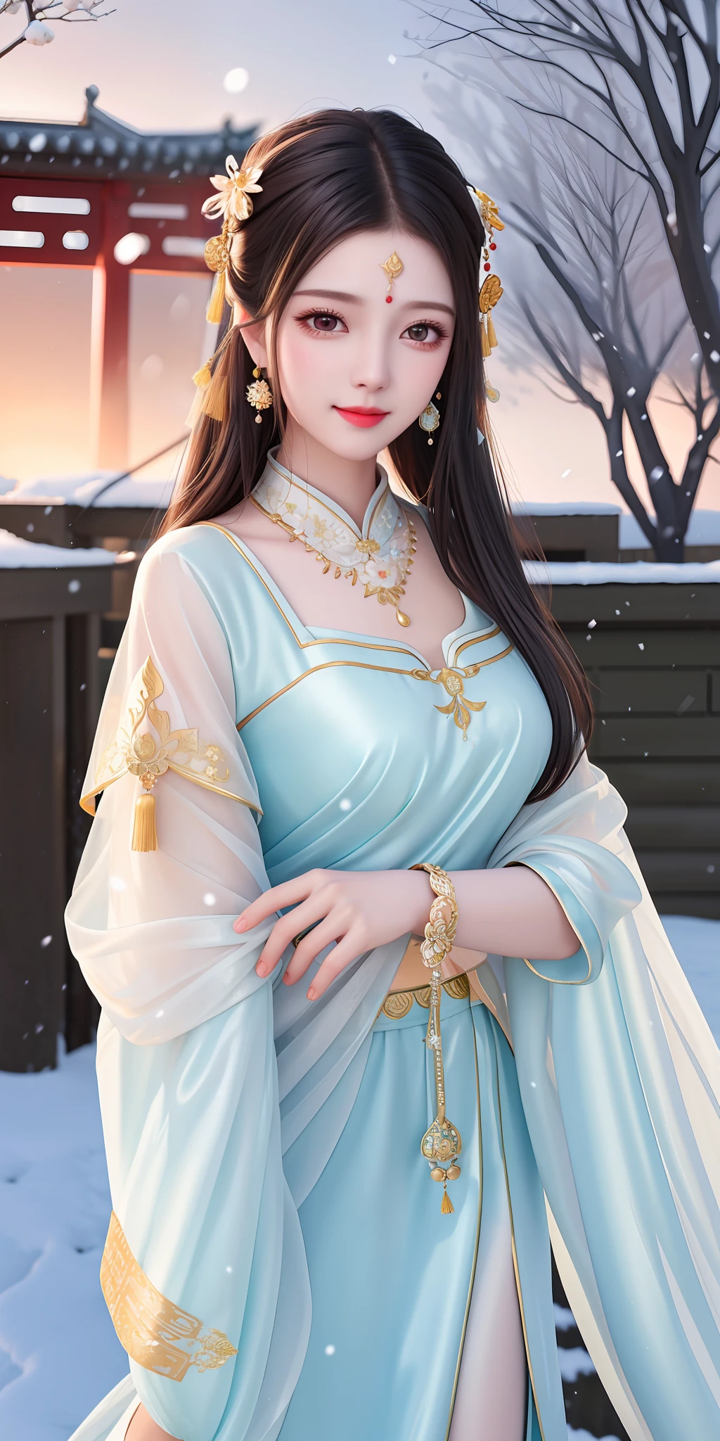 best quality, masterpiece, highres, 1girl, transparent silk china dress, cotton robe, hair ornament, smile, closed mouth,lips, dress,hair ornament, necklace, jewelry, chinese clothes, long hair, earrings, detailed beautiful eyes,detailed eyelash, Beautiful face,upon_body, tyndall effect,photorealistic, rim lighting, two tone lighting,(high detailed skin:1.2), 8k uhd, dslr, soft lighting, high quality, volumetric lighting, candid, Photograph, high resolution, 4k, 8k, Bokeh, in garden, falling snow, winter, (gigantic breasts:0.75)