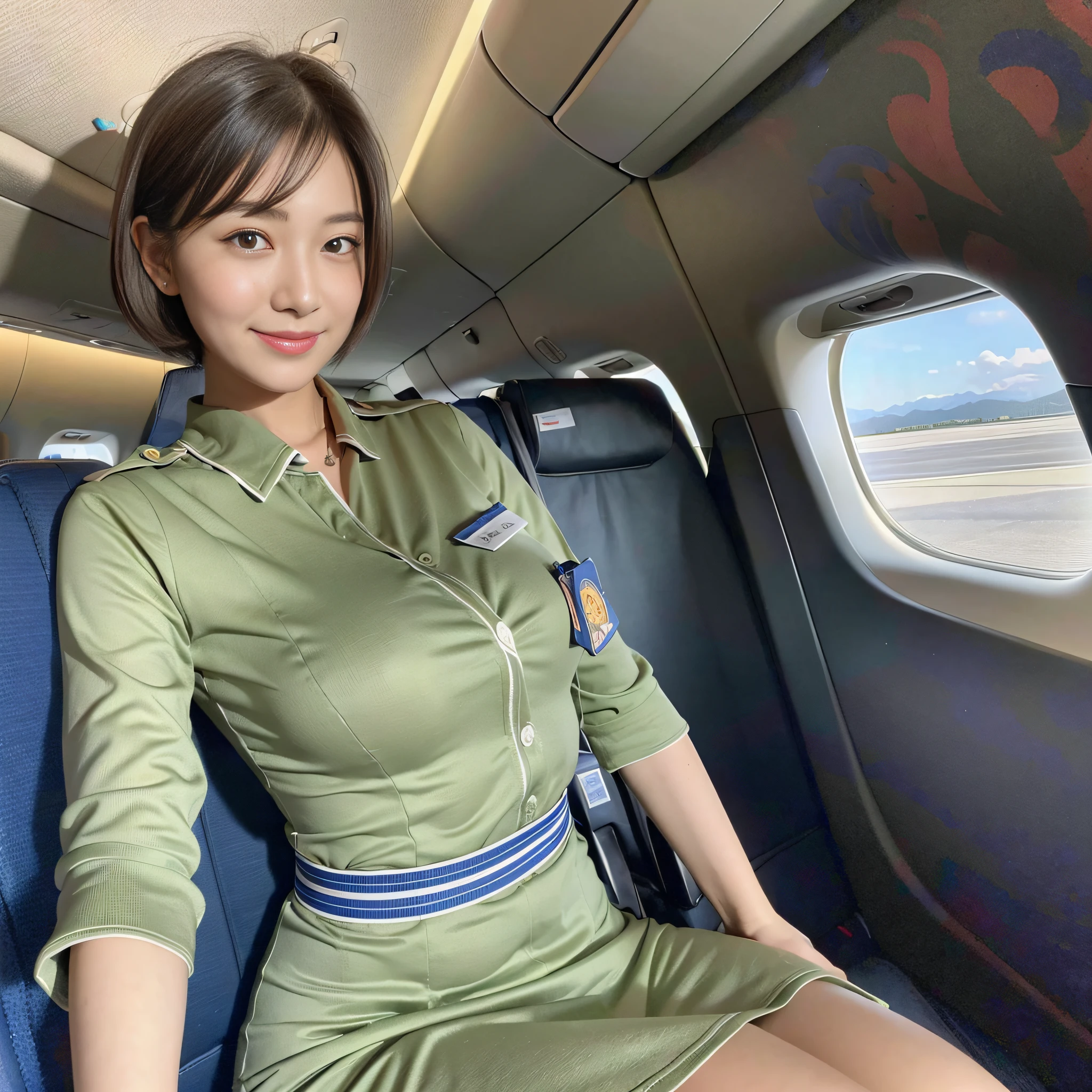 ((top quality, 8k, masterpiece: 1.3)), pretty woman with perfect figure: 1.4, (big breasts: 1.2), highly detailed face and skin texture, detailed eyes, stewardess uniform, (posing in the interior of the plane: 1.2), 1girl, cinematic, full body, goddess of Japan, short hair, smile, passenger, interior of the plane