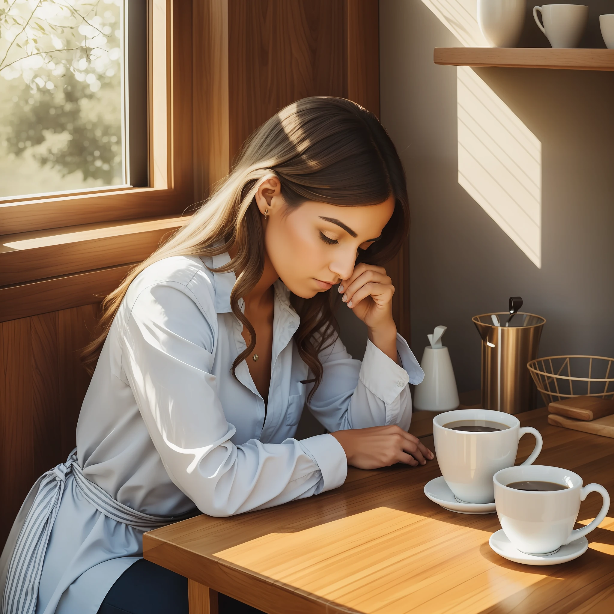 (a beautiful woman:1.1),sad,pouring coffee,quietly (sitting:0.9) at the (lit kitchen table:1.2), morning sun, delicious aroma, natural light, sad and thoughtful face. --auto --s2