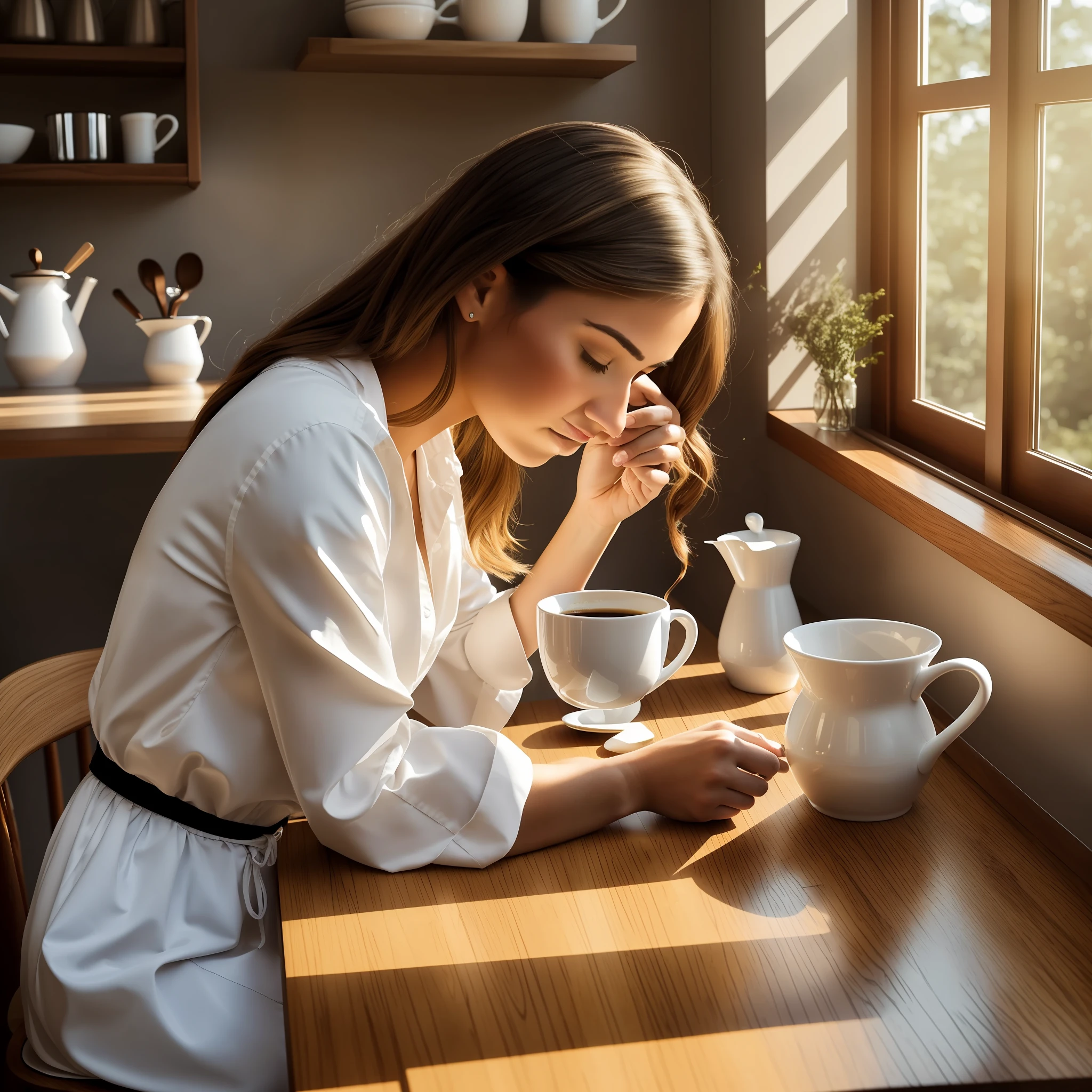 (a beautiful woman:1.1),sad,pouring coffee,quietly (sitting:0.9) at the (lit kitchen table:1.2), morning sun, delicious aroma, natural light, sad and thoughtful face. --auto --s2