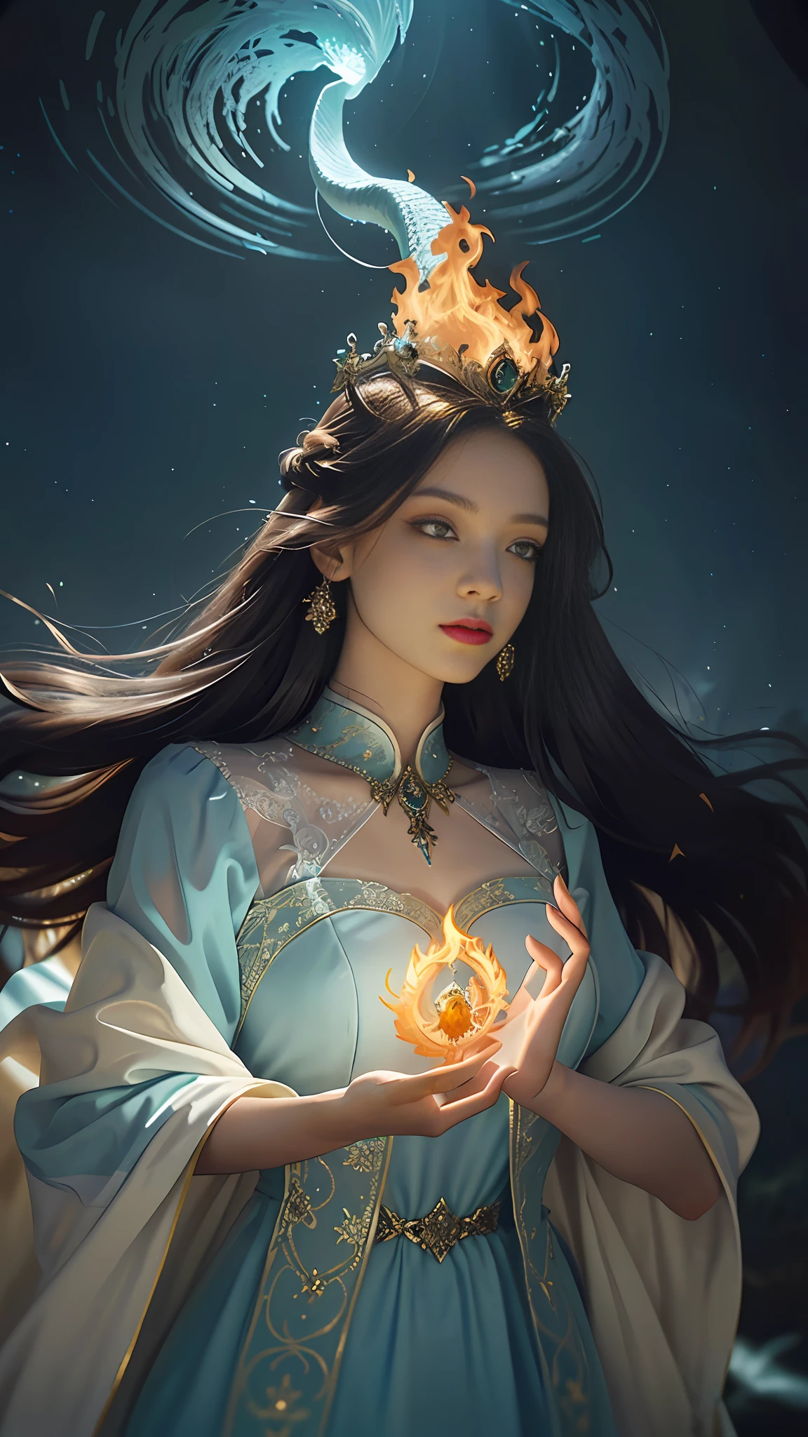 青いドレスを着た女性が花を手に持っている - SeaArt AI