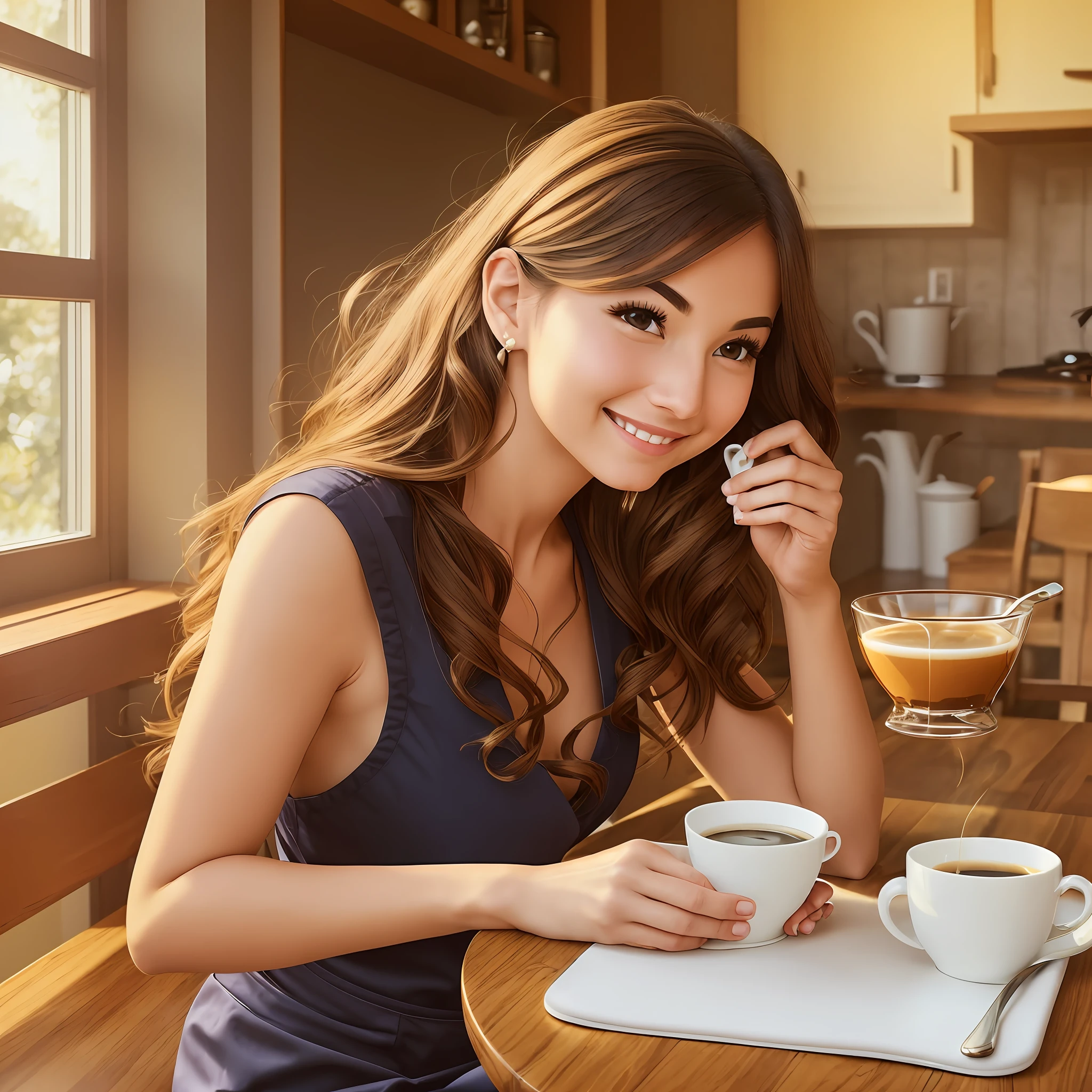 (a beautiful woman:1.1),cheerful,pouring coffee,calmly (seated:0.9) at the (lit kitchen table:1.2), morning sun, delicious aroma, natural light, cheerful and relaxed face. --auto --s2