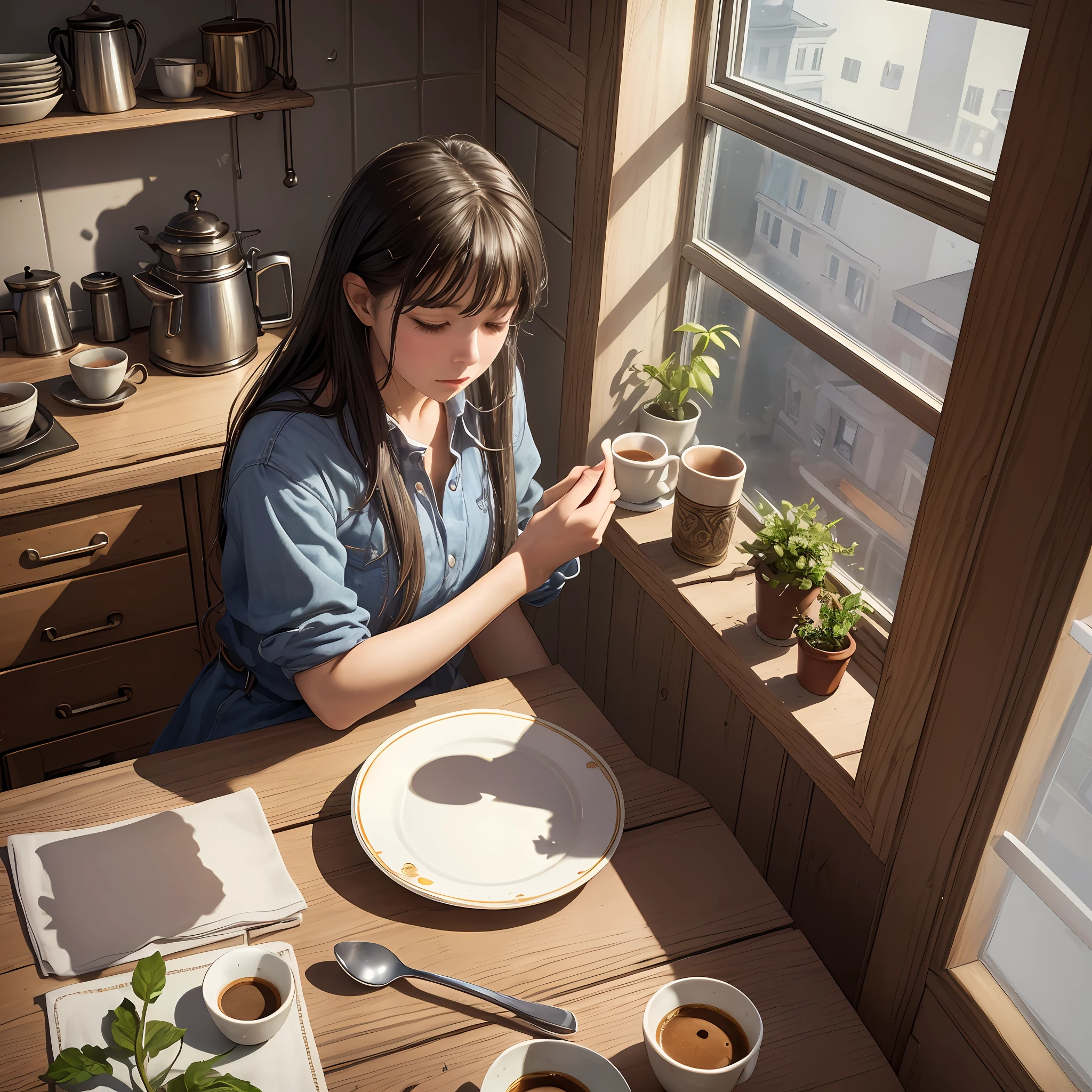 (a masterpiece:1.2),better quality,ultra-detailed rendering,a sad woman sipping coffee,in the middle of a cluttered kitchen,the focus is on her,therefore,details of the figure should be clear,(only 1 woman),black hair,(character-realistic:1.4+backgrounds-realistic), dirty dishes, wet dish cloth, low light,in the corner there is a poorly cared for plant, small coffee stains on the table and floor, An arc of light comes in through the window, making things even sadder." --auto --s2