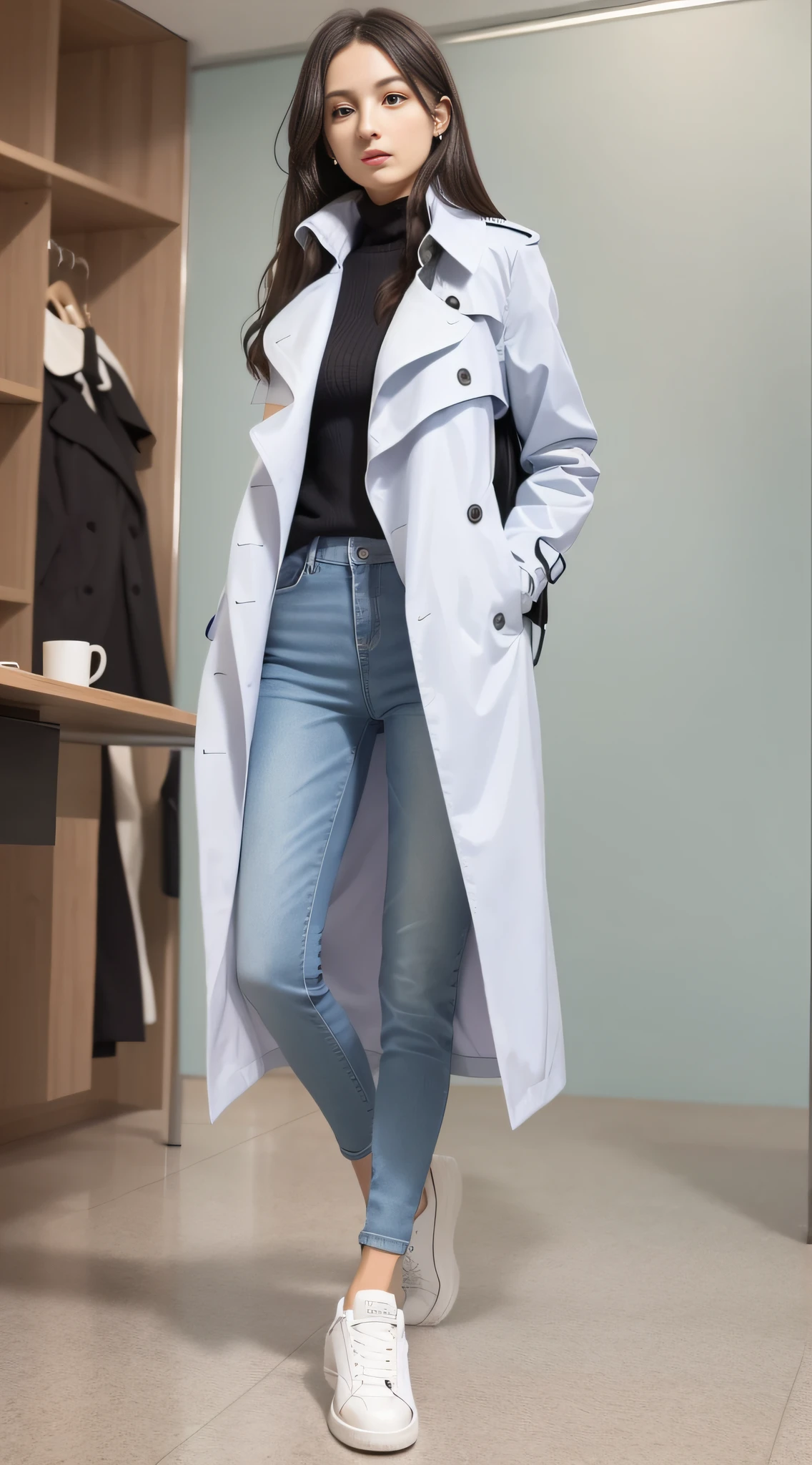 A long-legged girl in a soaked trench coat, blue skinny jeans, white sneakers sitting in the office