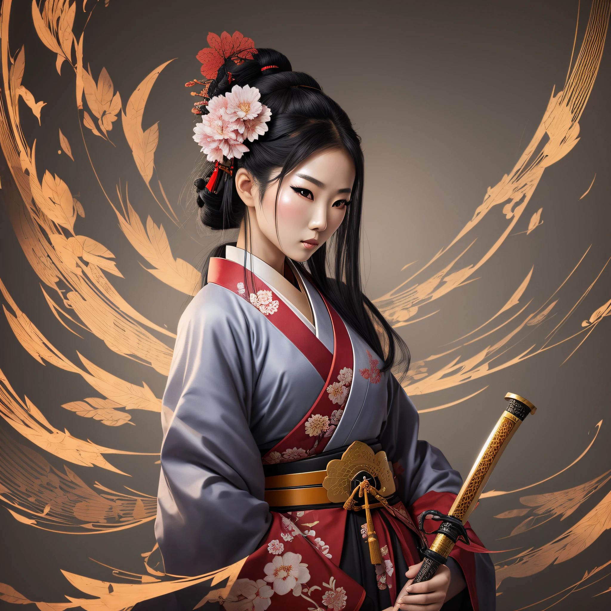 Beautiful oriental woman dressed as samurai, holding a samurai sword wearing female samurai kimono