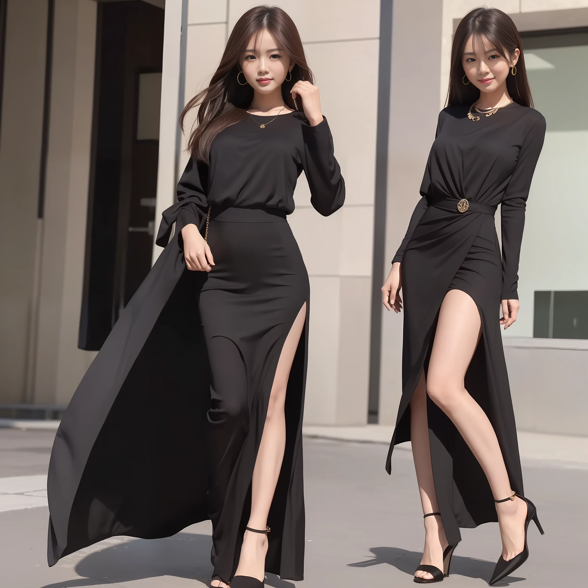 (Best Quality, 8k, 32k, Masterpiece, UHD: 1.2), Photo of a Beautiful Chinese Woman, A Woman: 1.5, (Detailed Face: 1.1), Simple Black Suit, Looking at the Viewer, (Full Body Photo: 1.6), Necklace, Dress Shirt, Smile, Lower Body Long Skirt, Slim Figure, Long Legs, High Heels: 1.4, (Tall Height: 1.6), Light in Eyes
