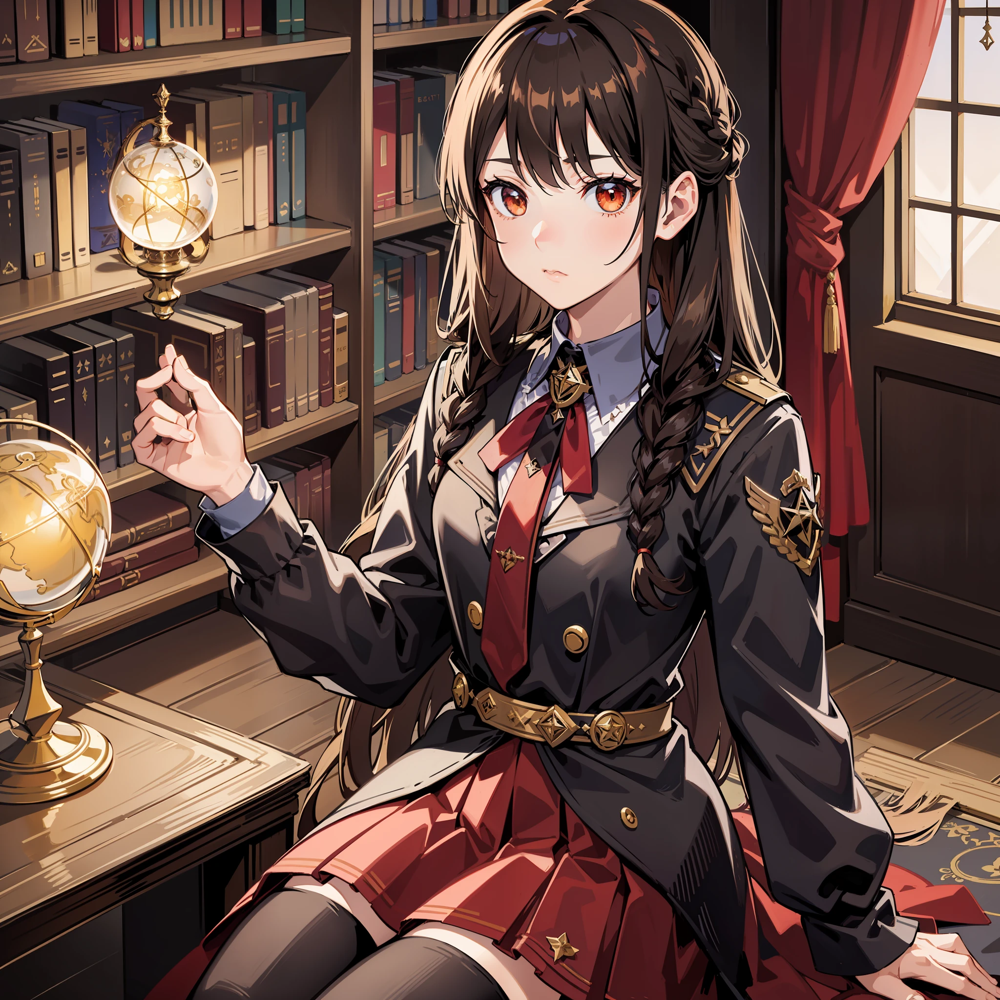 Anime Moe Art Style, Masterpiece Quality, Extreme Detail and Complexity, Cinematic Lighting, High Resolution Illustrations, Beautiful Face with Eyes, Dark Shadows and Overexposure, [Black/Brown Hair], Single Braid, Brown Eyes, Medium, Messenger Jacket, Red Tie, Pleated Skirt, Bookshelf, Library, Vine, Roses, Looking at the Viewer, Blunt Bangs, Witch Room, Candle, Pentagram, Clock, Vintage Globe.