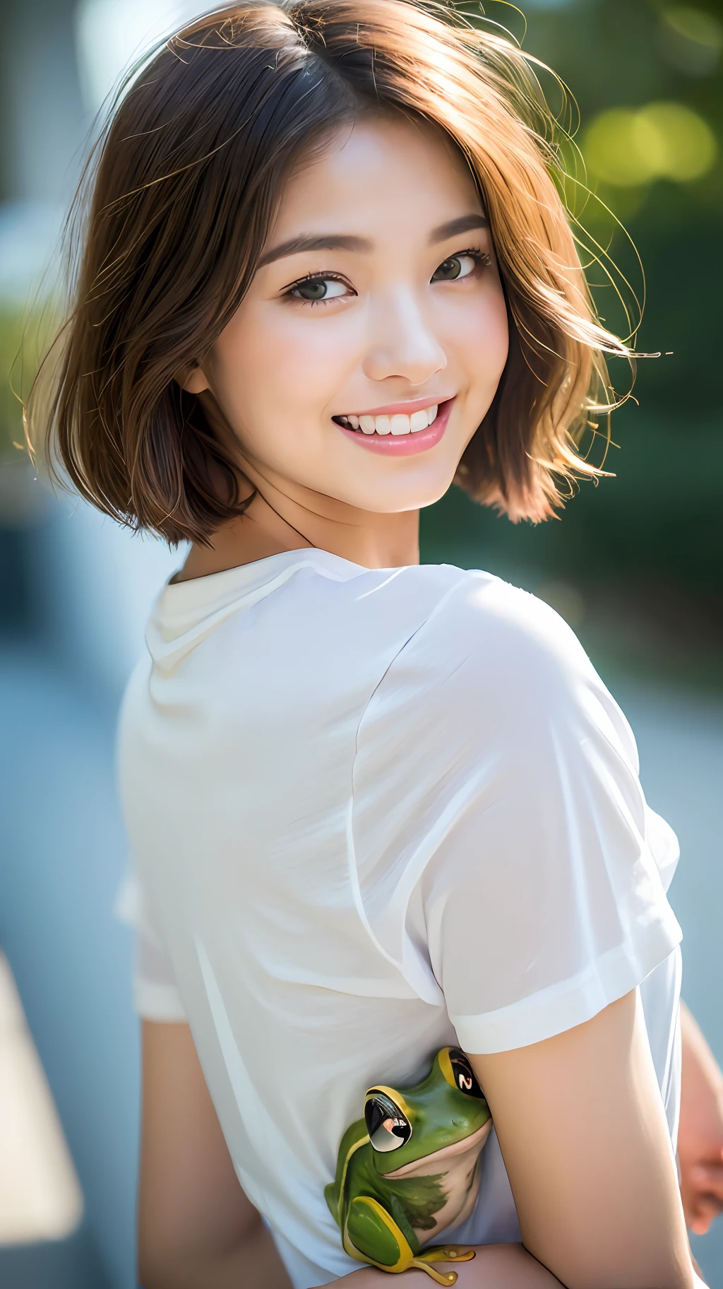(8k, RAW Photos, Best Quality, High Resolution: 1.1), (Ultra Realistic: 1.4), (Realistic, Photorealistic: 1.3), Soft Light, Big, Girl, Realistic Face, Realistic Body, Realistic Skin, Absurdity, Masterpiece, (Cute: 1.8), Cuties, Solo, (Big: 1.2), Detailed Black Eyes, Innocent Eyes, Cheek, (T-Shirt: 1.2), Cinema Light, Film Grain, ((Short Bob Hair: 1.1)), (((Floating Hair Nova Frog Style)), Cherry Colored Lips, Close-up, Look Viewer, Upper Body, Open Lips, Upper Teeth, (Smiling Eyes: 0.6), ((grinning: 1.2)), Depth of Field, Blurred Background, Eye Focus, Bokeh, Young, Young, 85mm Lens, f/1.4, Professional Lighting, Young, Portrait, photon mapping, radiosity, physically based rendering