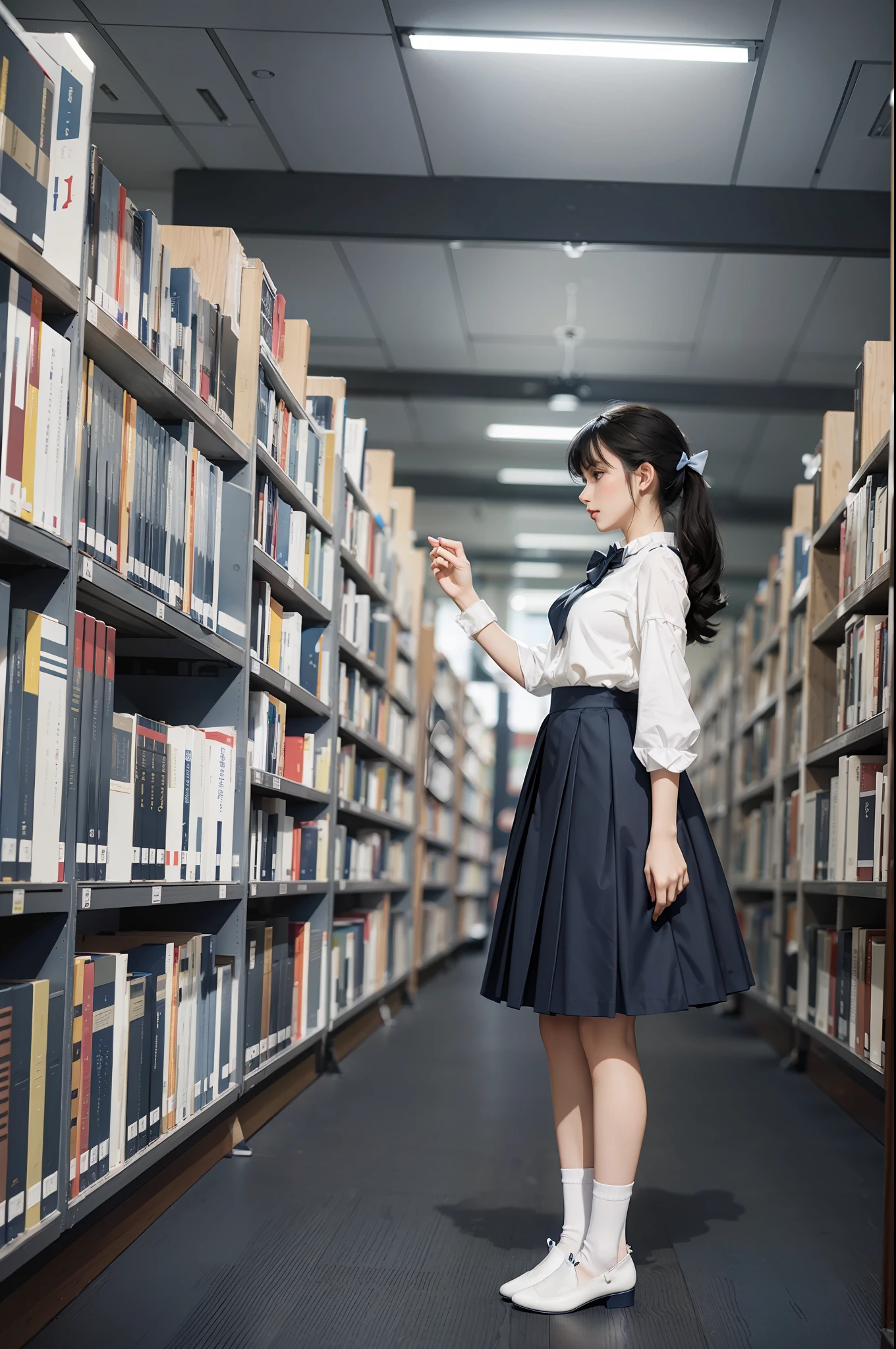 Woman standing alone in library, white blouse, dark blue bow tie, dark blue skirt with ruffles, white ankle length socks, wearing pumps, white light background