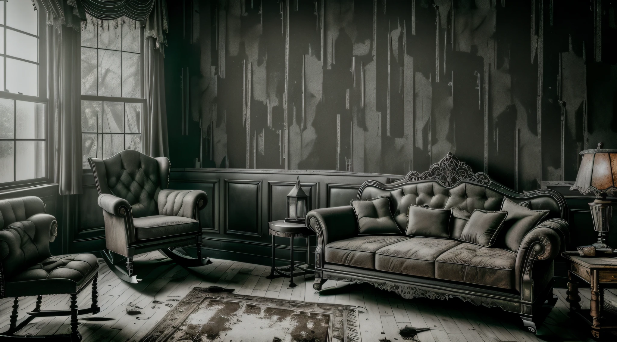 (interior design) (masterpiece) (ultra realistic) (raw) (picture of the whole room) (messy) (gothic couch, rocking chair, window) (old house, ripped wallpaper) (wide lens) (an old gothic scarry horror room) (blood on the wall) (dark) (candles) (candle lit) (paranormal feelings) (anamorphic lens) (night time) (haunted) (dirty) (god rays)