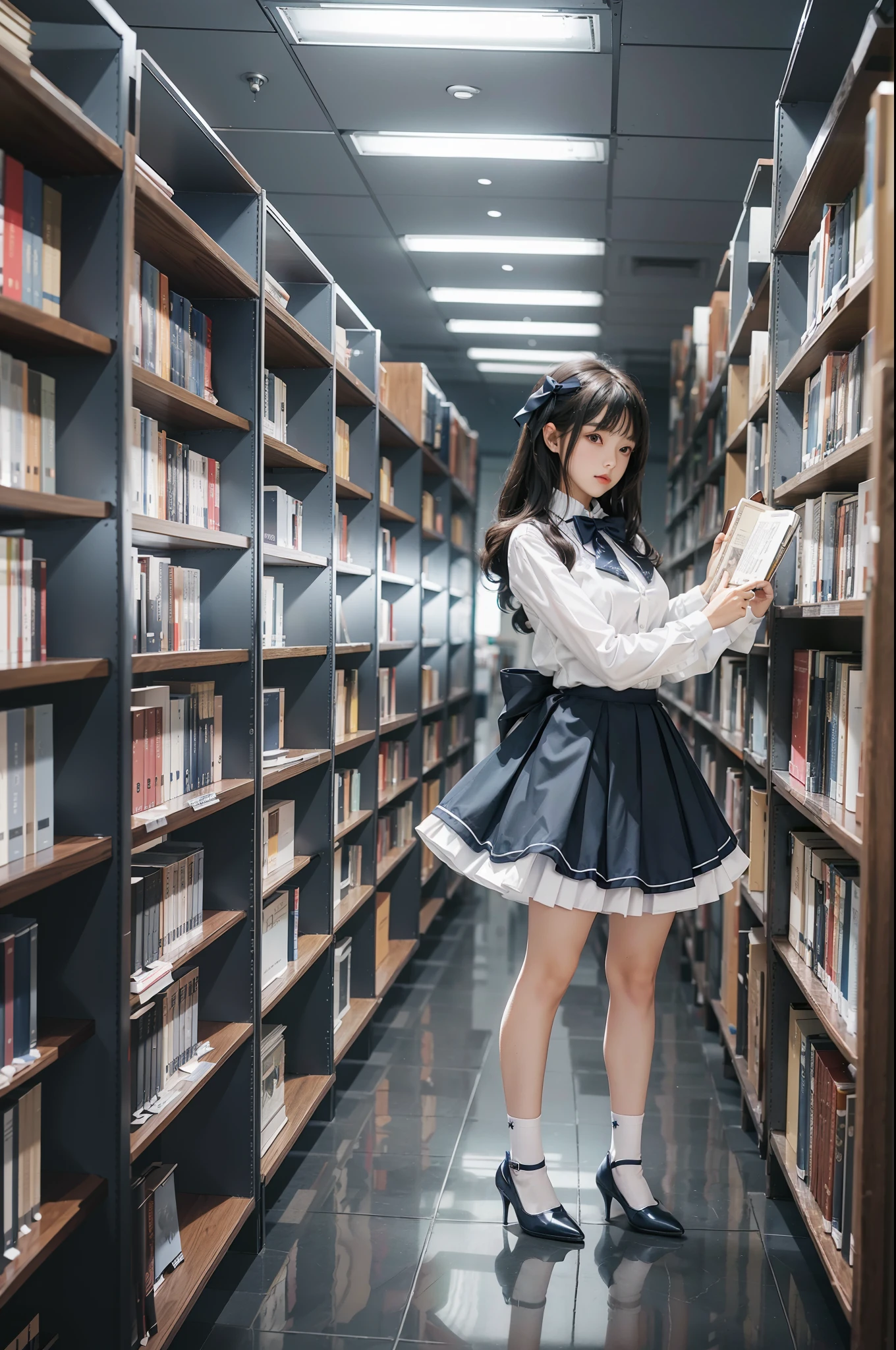 Woman standing alone in library, white blouse, dark blue bow tie, dark blue skirt with ruffles, white ankle length socks, wearing pumps, white light background