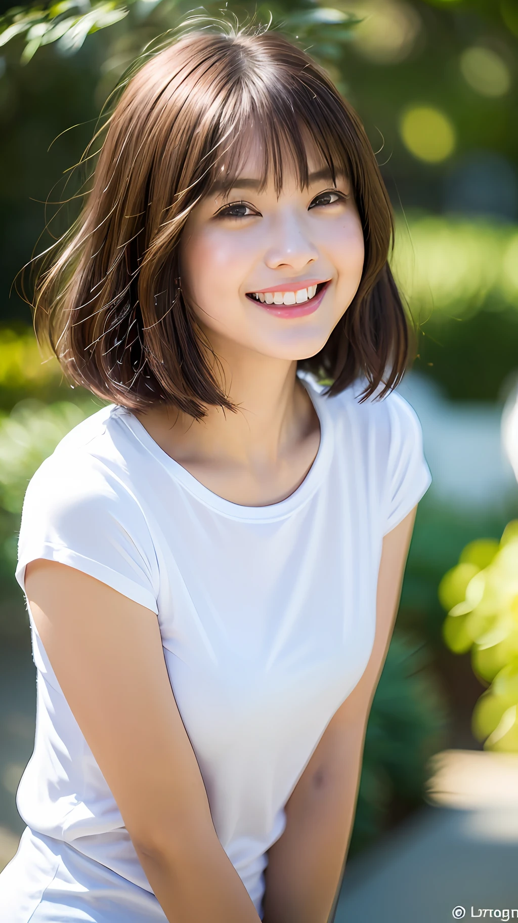 (8k, RAW Photos, Best Quality, High Resolution: 1.1), (Ultra Realistic: 1.4), (Realistic, Photorealistic: 1.3), Soft Light, Big, Girl, Realistic Face, Realistic Body, Realistic Skin, Absurdity, Masterpiece, (Cute: 1.8), Cuties, Solo, (Big: 1.2), Detailed Black Eyes, Innocent Eyes, Cheek, (T-Shirt: 1.2), Cinema Light, Film Grain, ((Short Bob Hair: 1.1)), (((Floating Hair Nova Frog Style)), Cherry Colored Lips, Close-up, Look Viewer, Upper Body, Open Lips, Upper Teeth, (Smiling Eyes: 0.6), ((grinning: 1.2)), Depth of Field, Blurred Background, Eye Focus, Bokeh, Young, Young, 85mm Lens, f/1.4, Professional Lighting, Young, Portrait, photon mapping, radiosity, physically based rendering